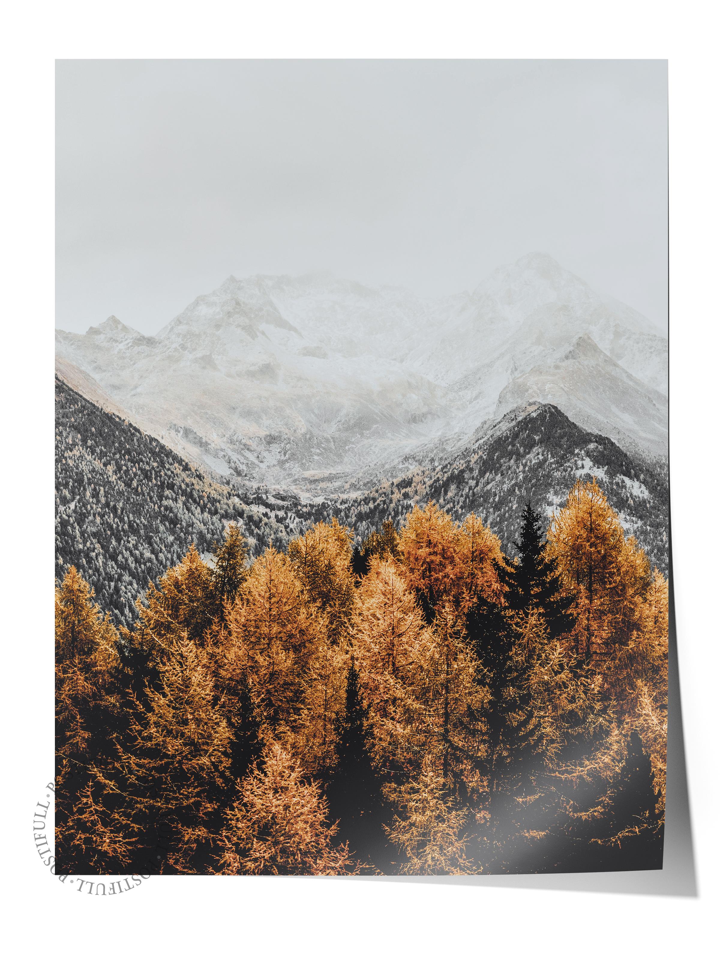 Rustic Çerçevesiz Poster, İskandinav Turuncu Poster, NO:8 Sonbahar Ormanı ve Dağlar Fotoğraf, Dikey