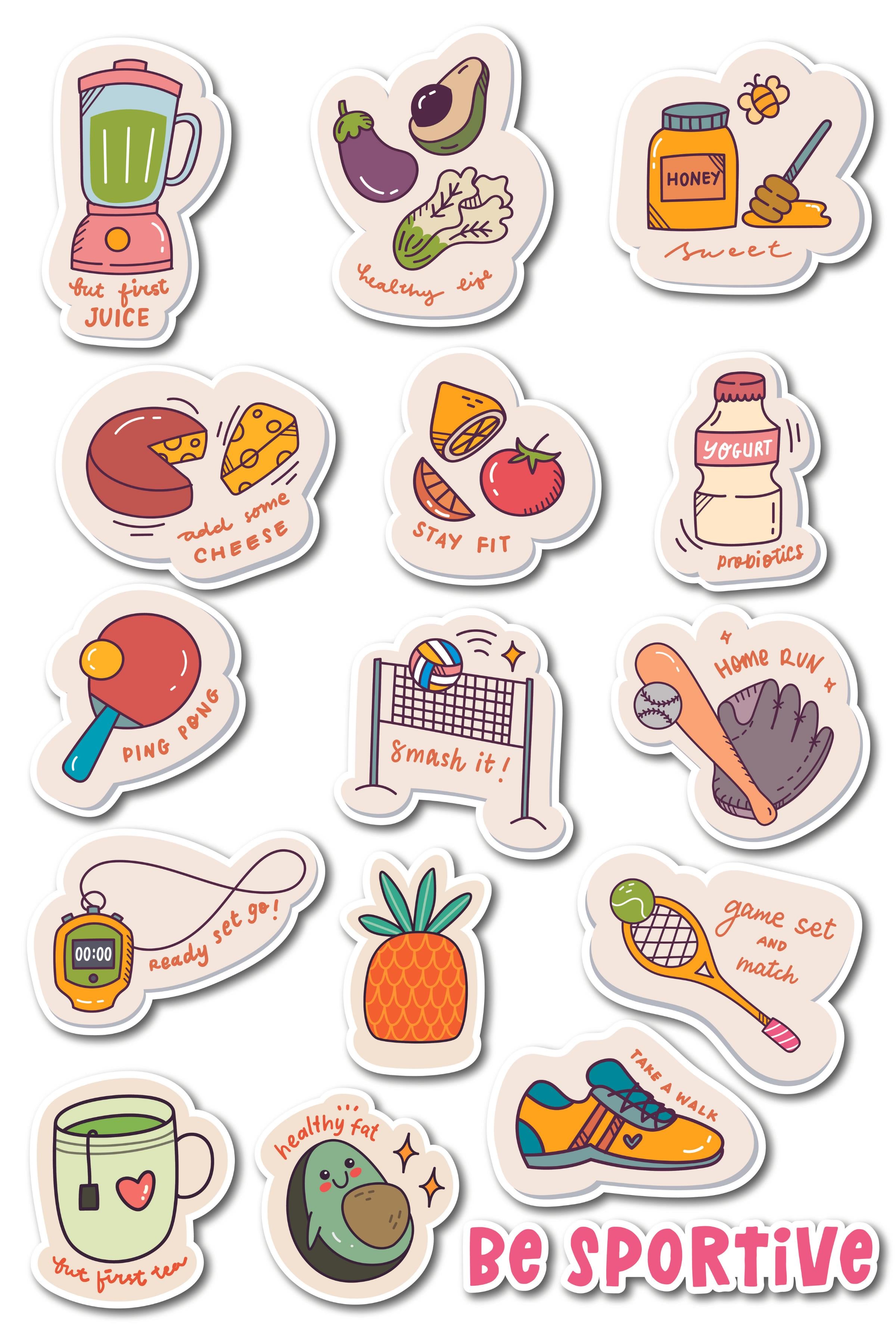 Sağlık & Spor Temalı Sticker ve Etiket Seti - Orta Boy - Su Geçirmez, Kalın Yapışkanlı Sticker Seti