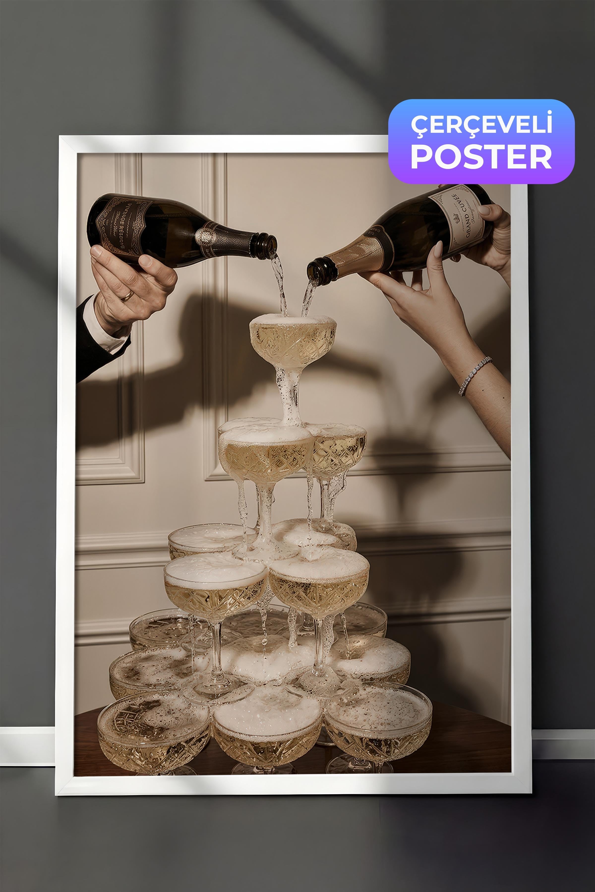Şampanya Kadehleri Posteri, Beyaz Çerçeveli Poster, Old Money Serisi, NO:113193