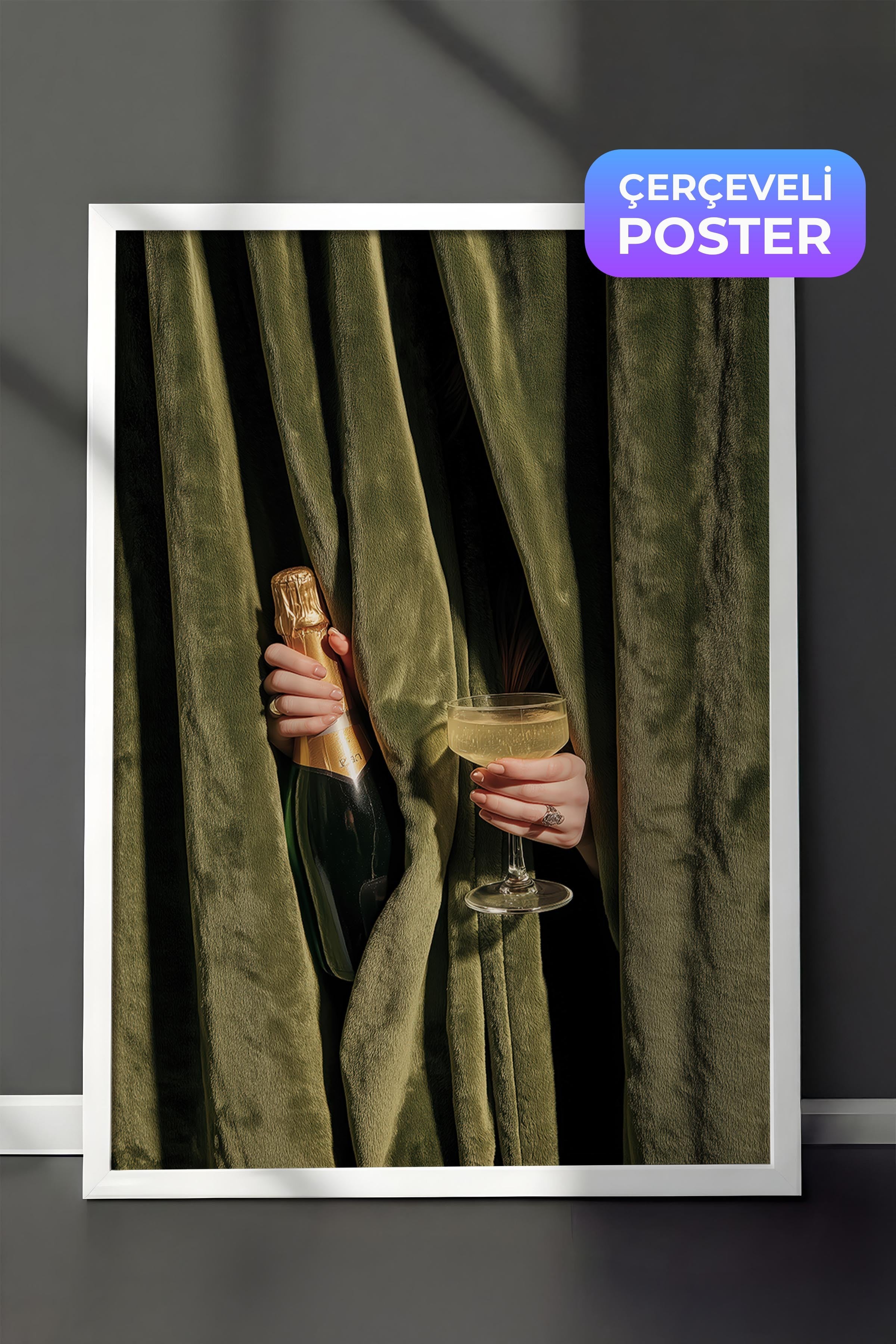 Şampanya ve Kadeh Posteri, Beyaz Çerçeveli Poster, Old Money Serisi, NO:113213