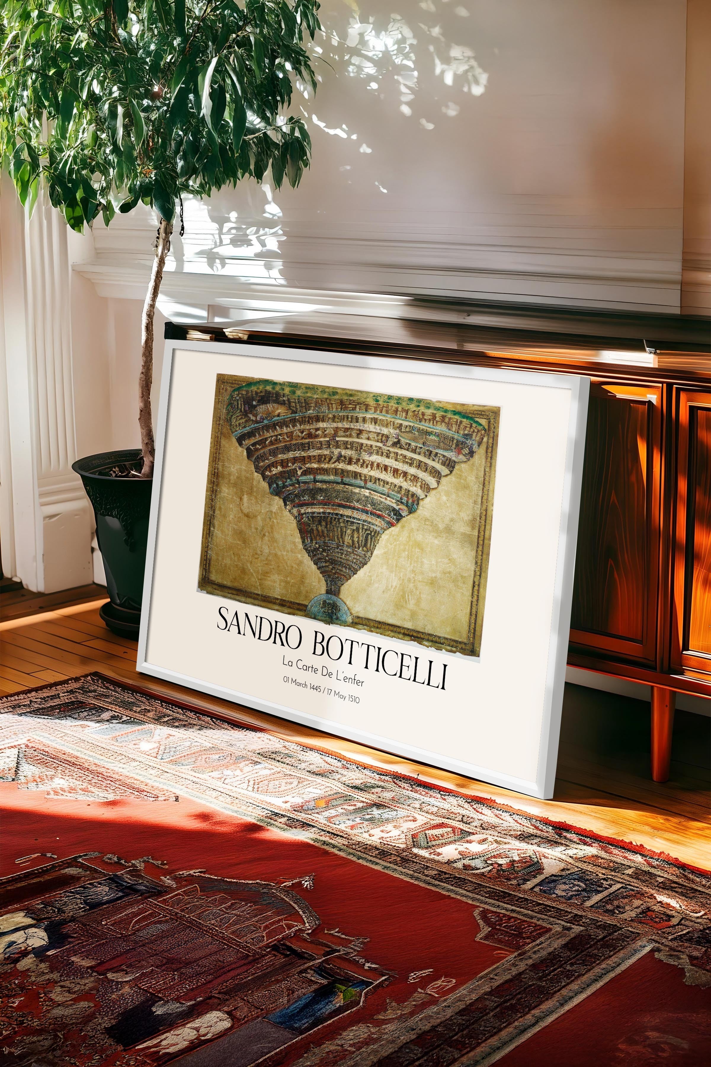 Sandro Botticelli - La Carte De L'Enfer, Beyaz Çerçeveli Tablo, Sanat Serisi NO:110764