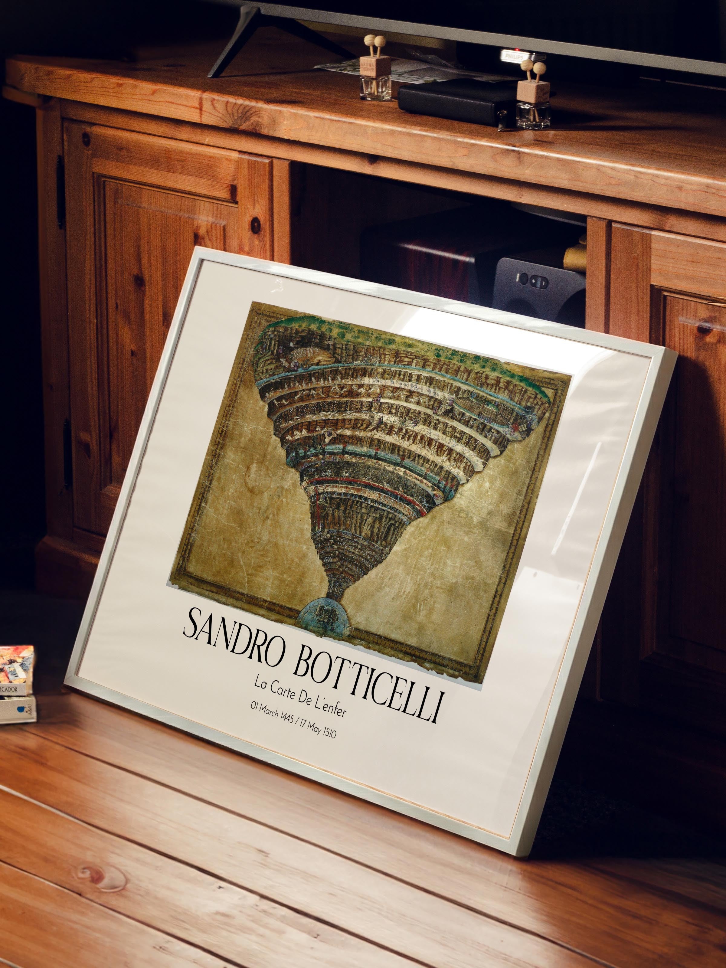 Sandro Botticelli - La Carte De L'Enfer, Beyaz Çerçeveli Tablo, Sanat Serisi NO:110764