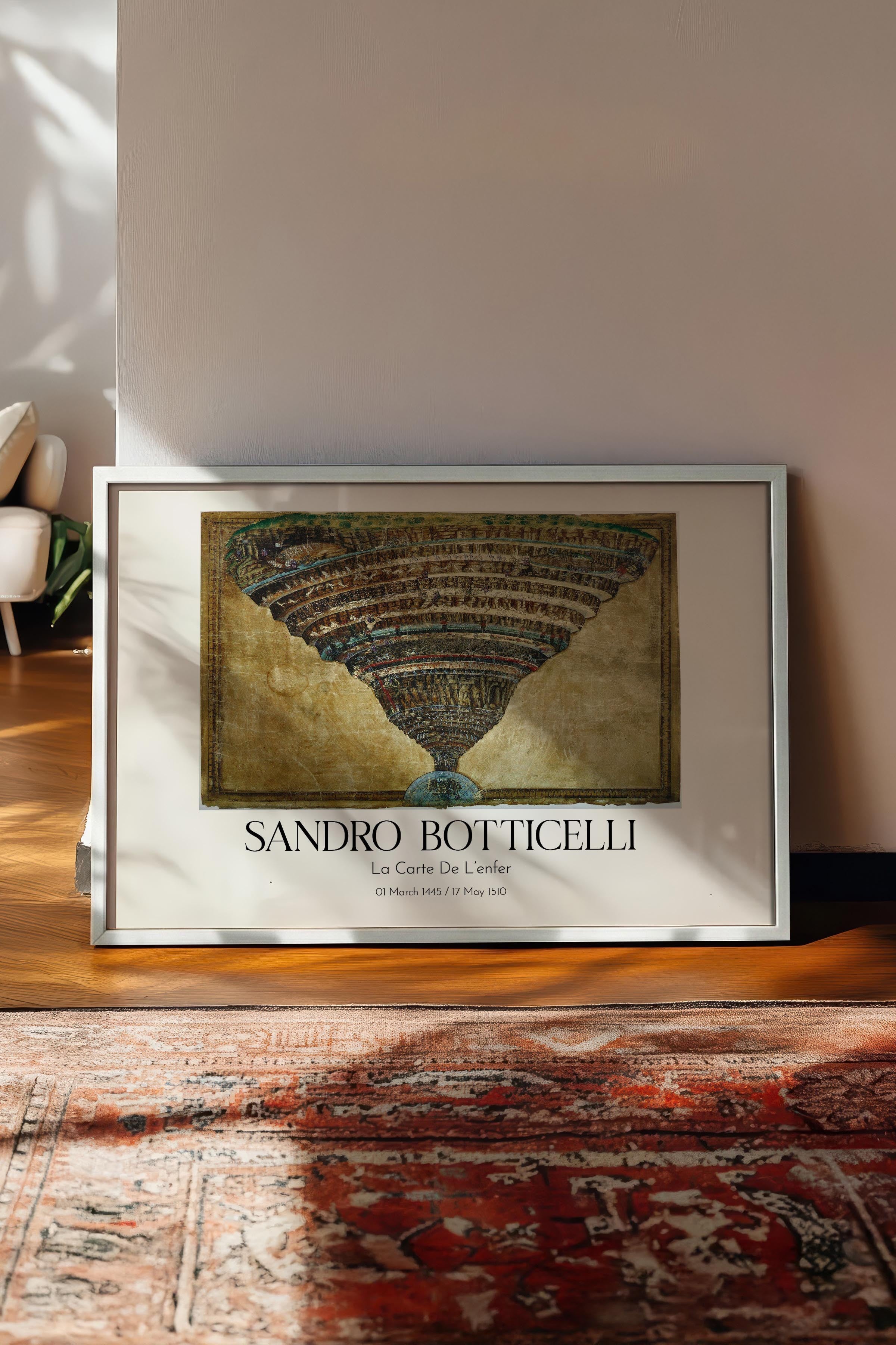Sandro Botticelli - La Carte De L'Enfer, Beyaz Çerçeveli Tablo, Sanat Serisi NO:110764