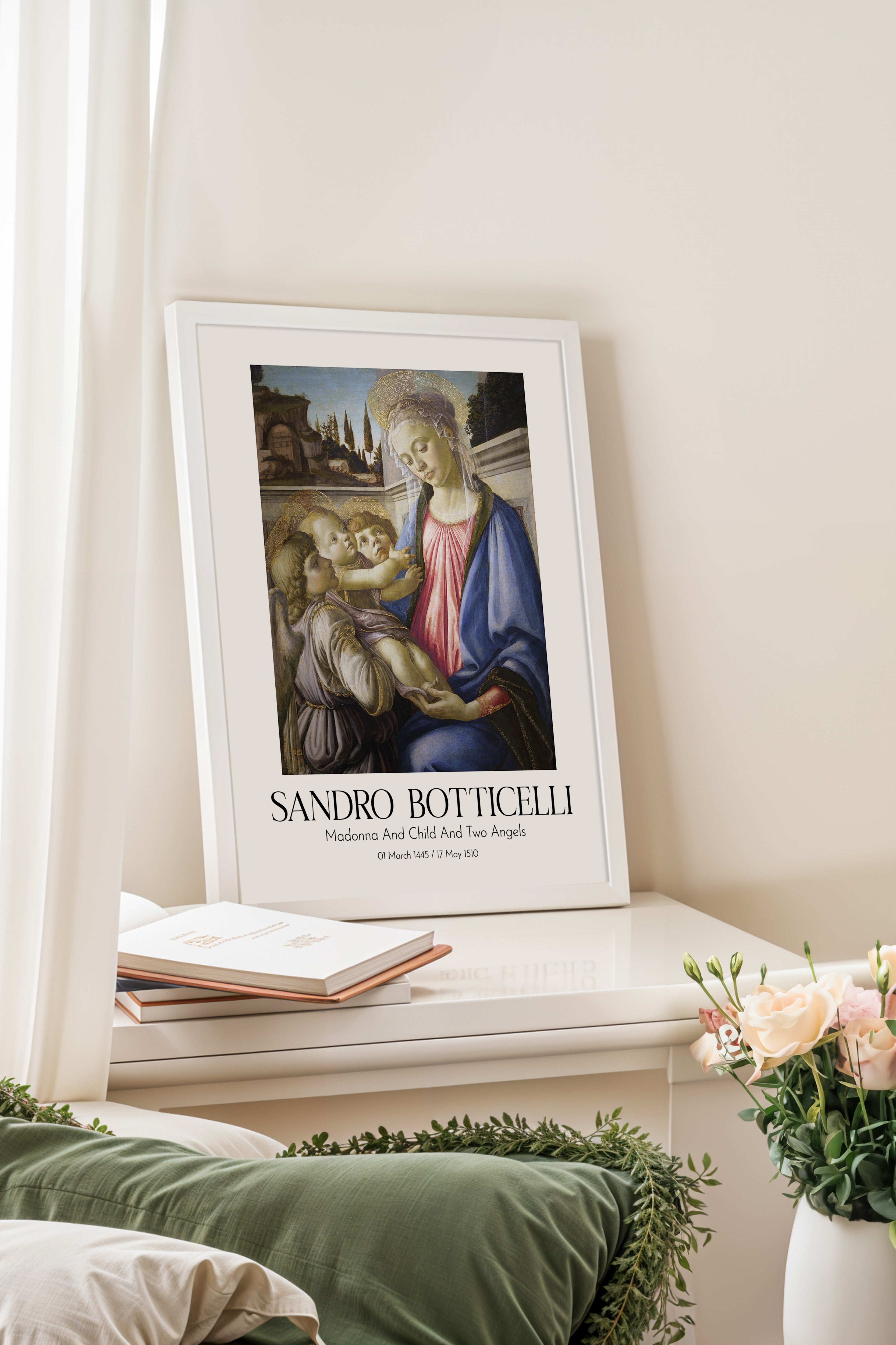 Sandro Botticelli - Madonna And Child And Two Angels, Beyaz Çerçeveli Tablo, Sanat Serisi NO:110747