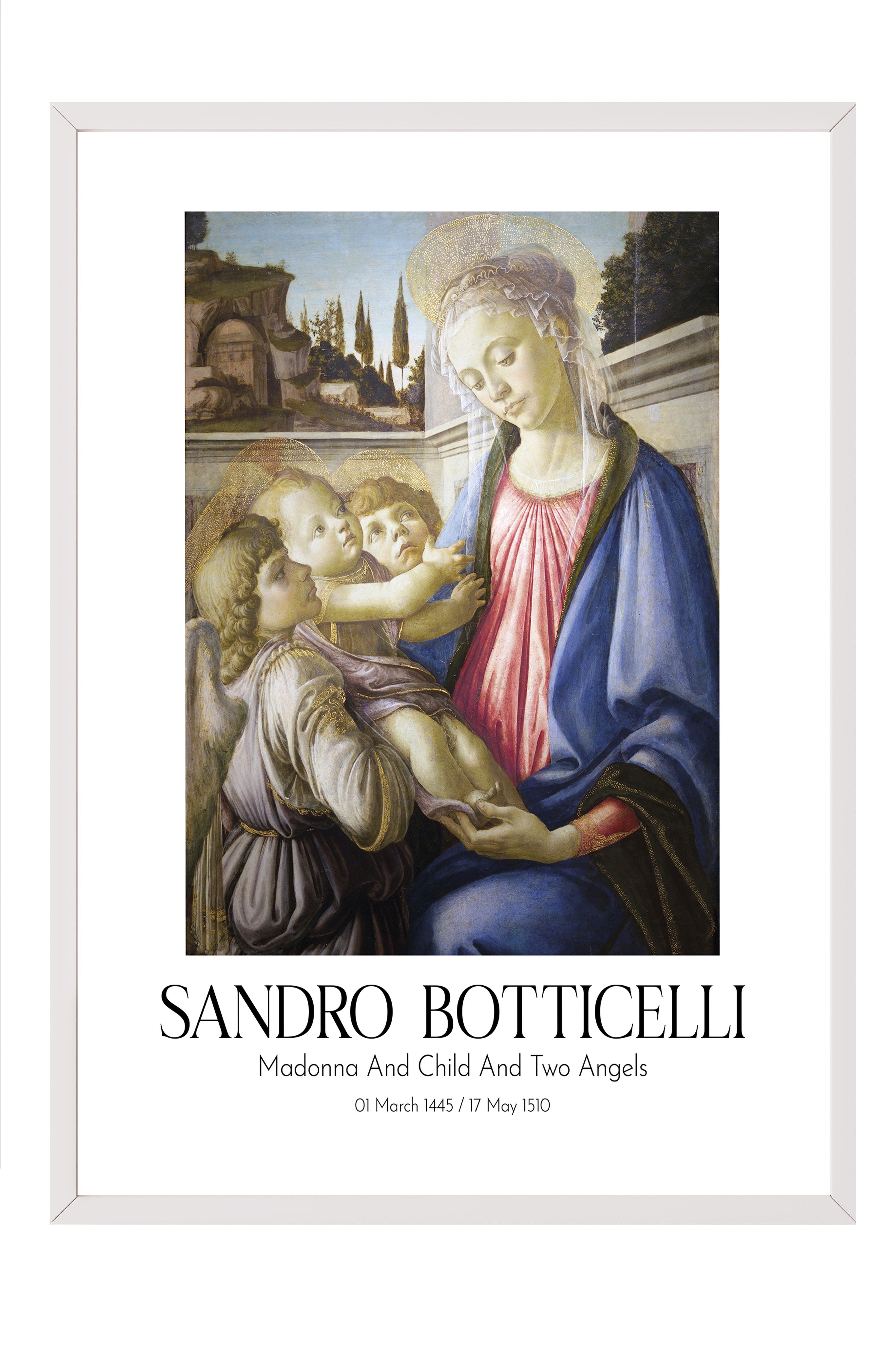 Sandro Botticelli - Madonna And Child And Two Angels, Beyaz Çerçeveli Tablo, Sanat Serisi NO:110747