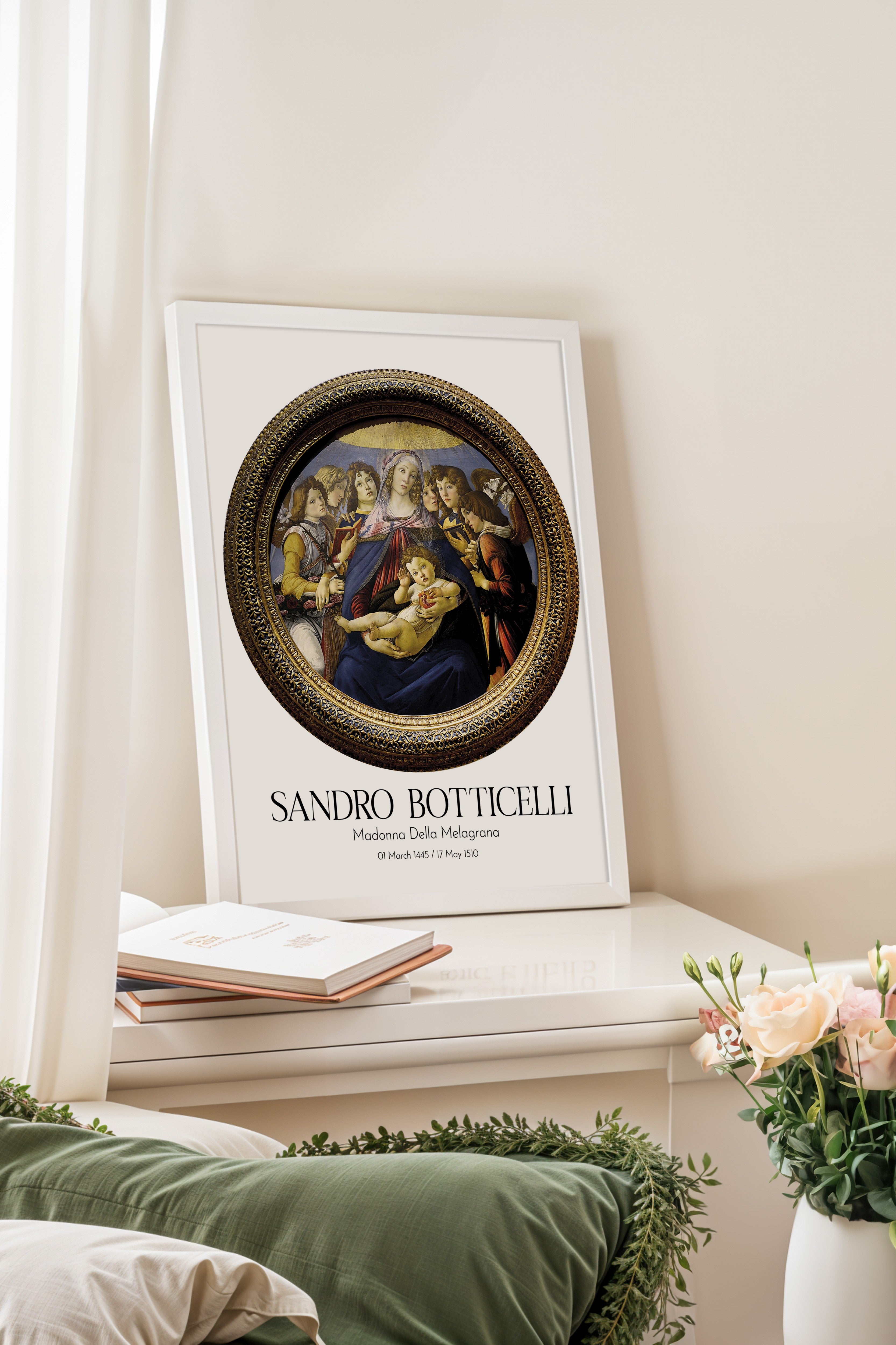 Sandro Botticelli - Madonna Della Melagrana, Beyaz Çerçeveli Tablo, Sanat Serisi NO:110749