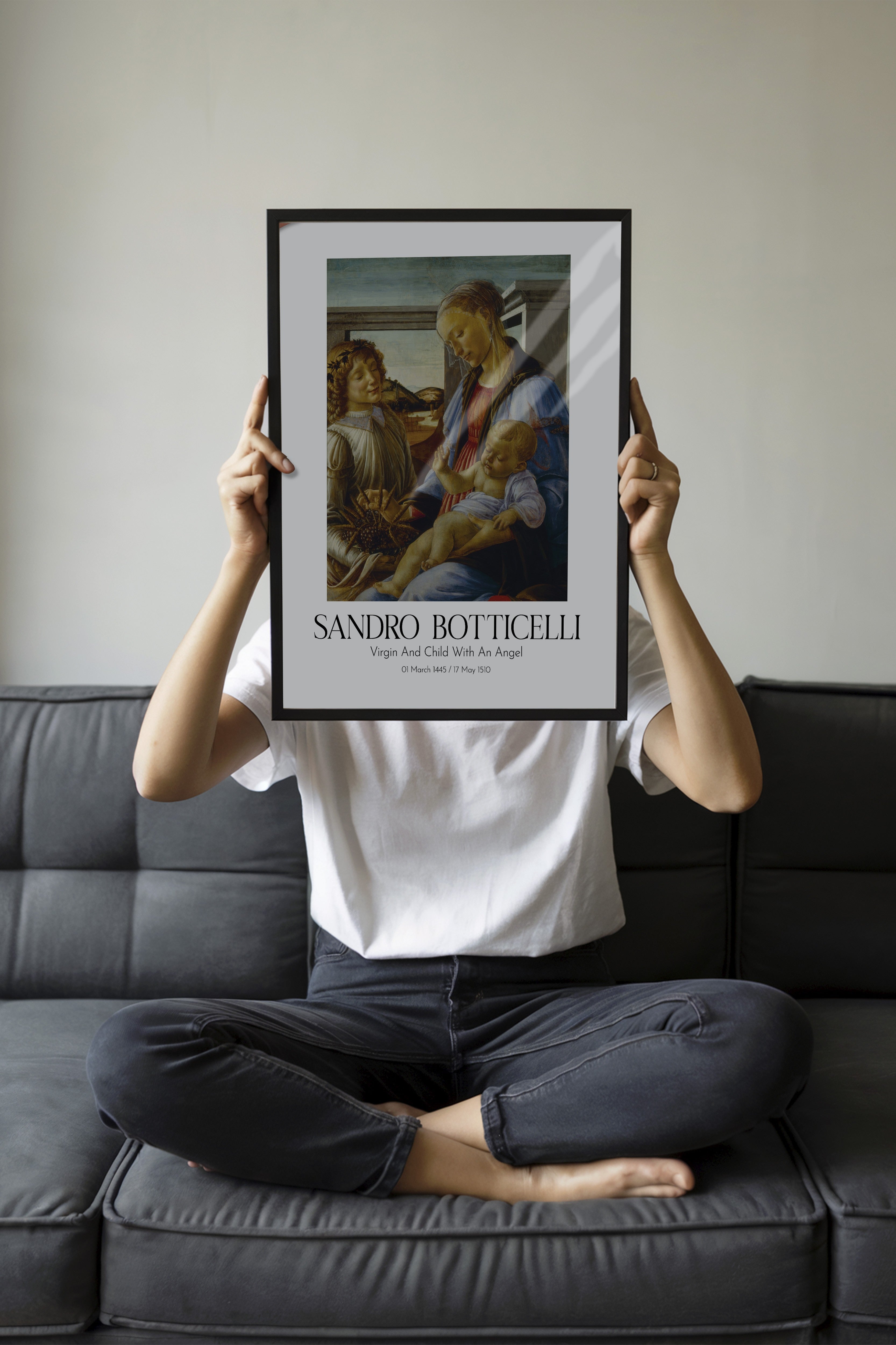 Sandro Botticelli - Virgin And Child With An Angel, Siyah Çerçeveli Tablo, Sanat Serisi NO:110761
