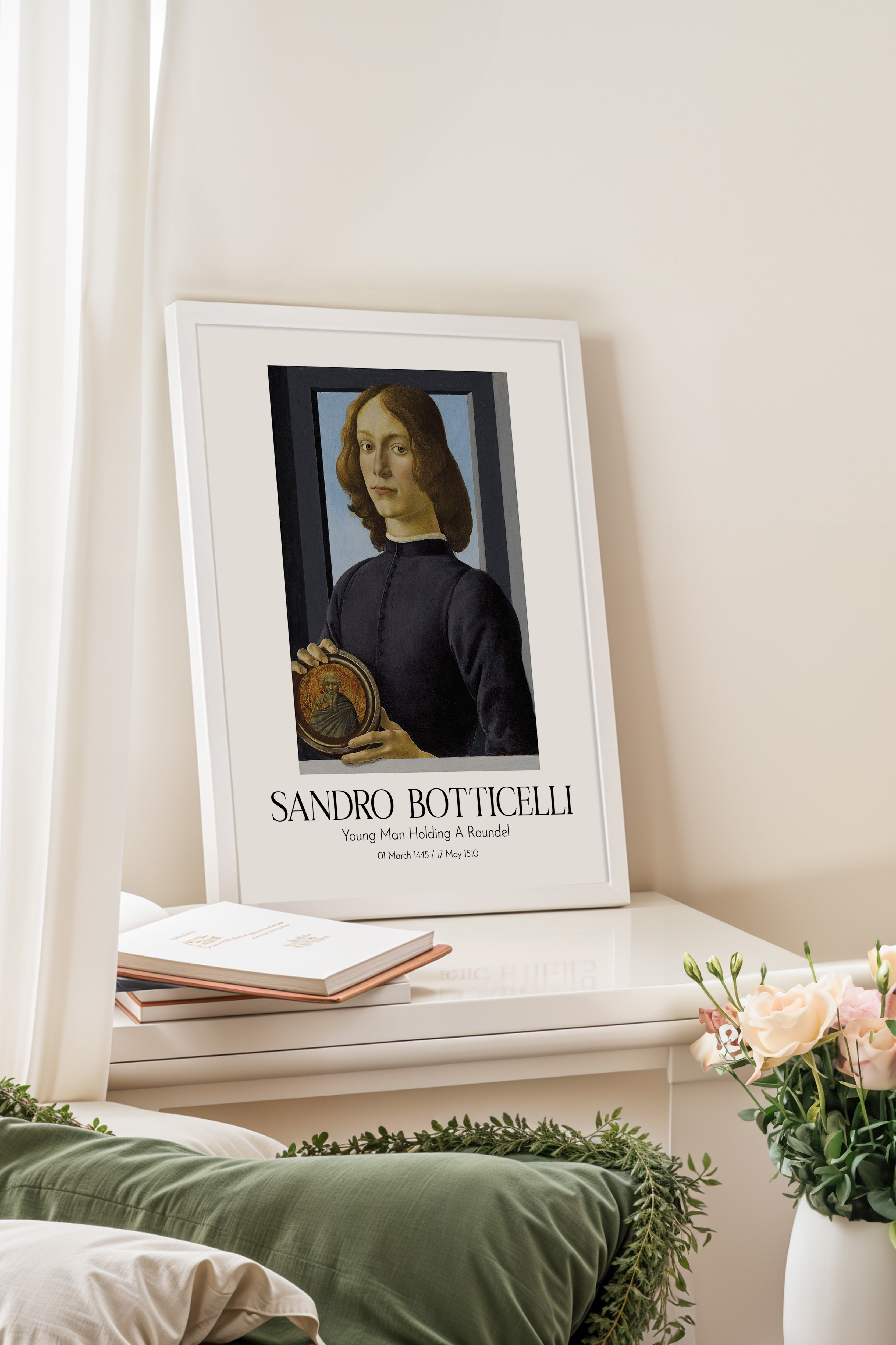 Sandro Botticelli - Young Man Holding A Roundel, Beyaz Çerçeveli Tablo, Sanat Serisi NO:110762