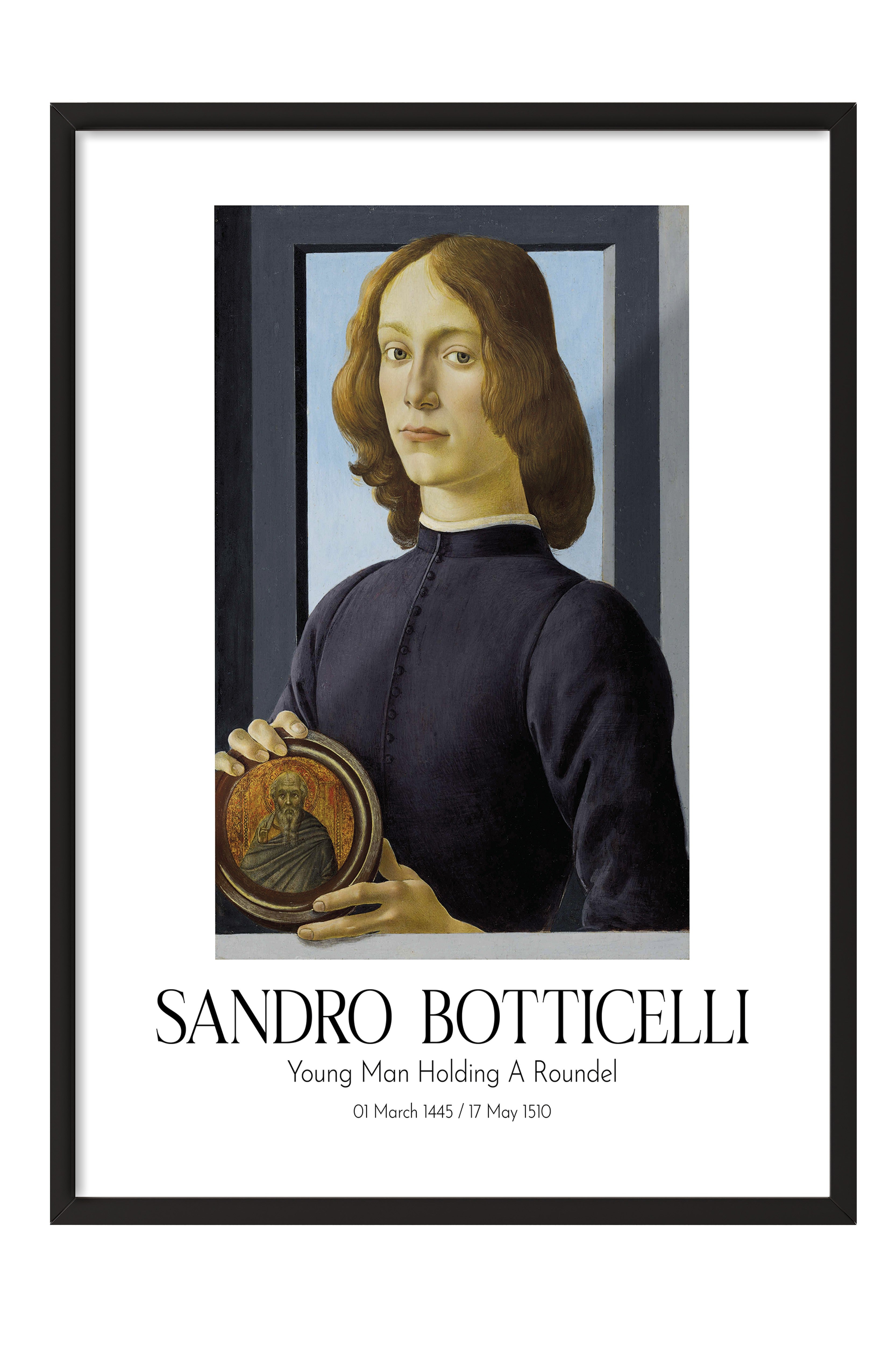 Sandro Botticelli - Young Man Holding A Roundel, Siyah Çerçeveli Tablo, Sanat Serisi NO:110762