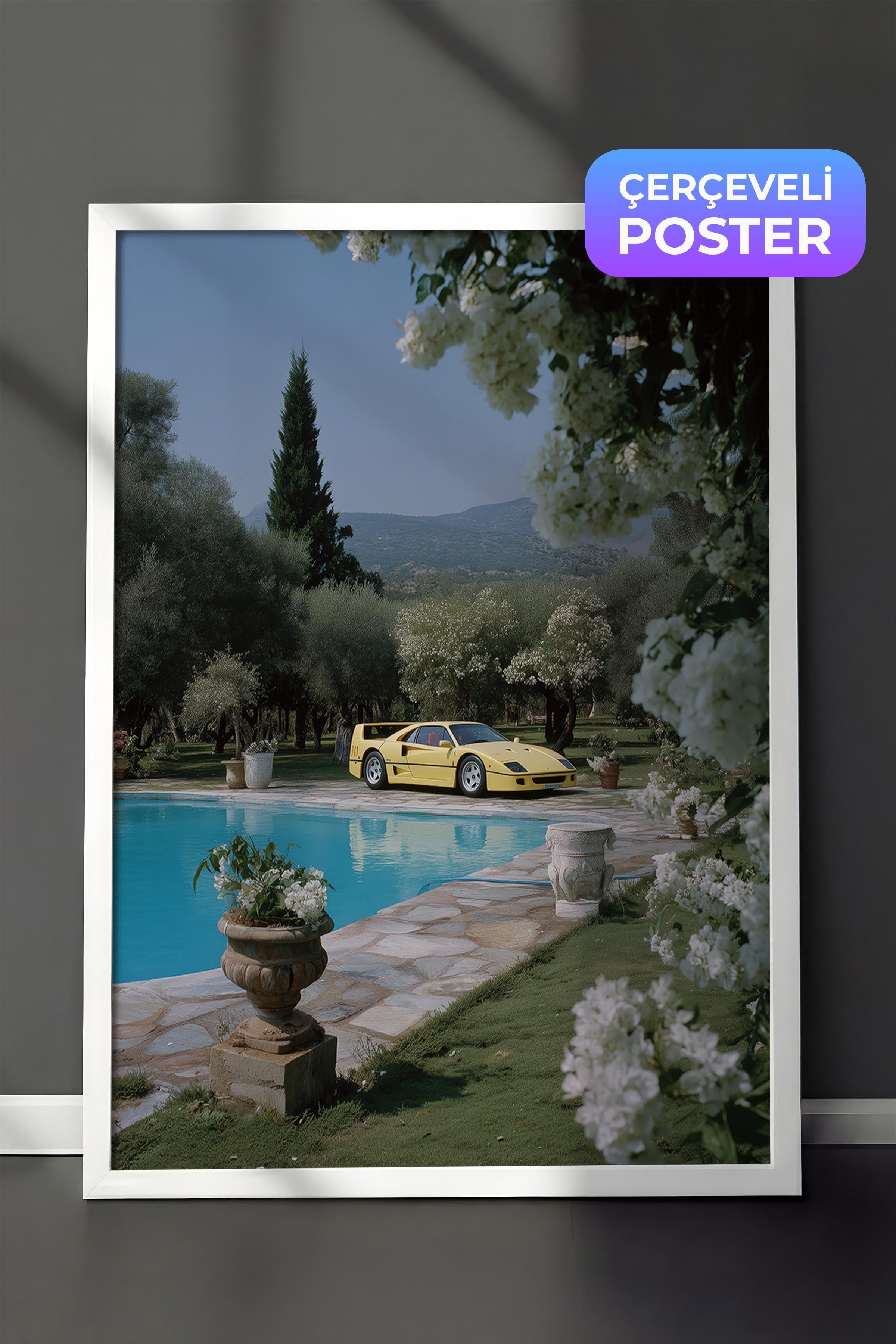 Sarı Araba ve Havuz Manzarası Posteri, Beyaz Çerçeveli Poster, Old Money Serisi, NO:113246