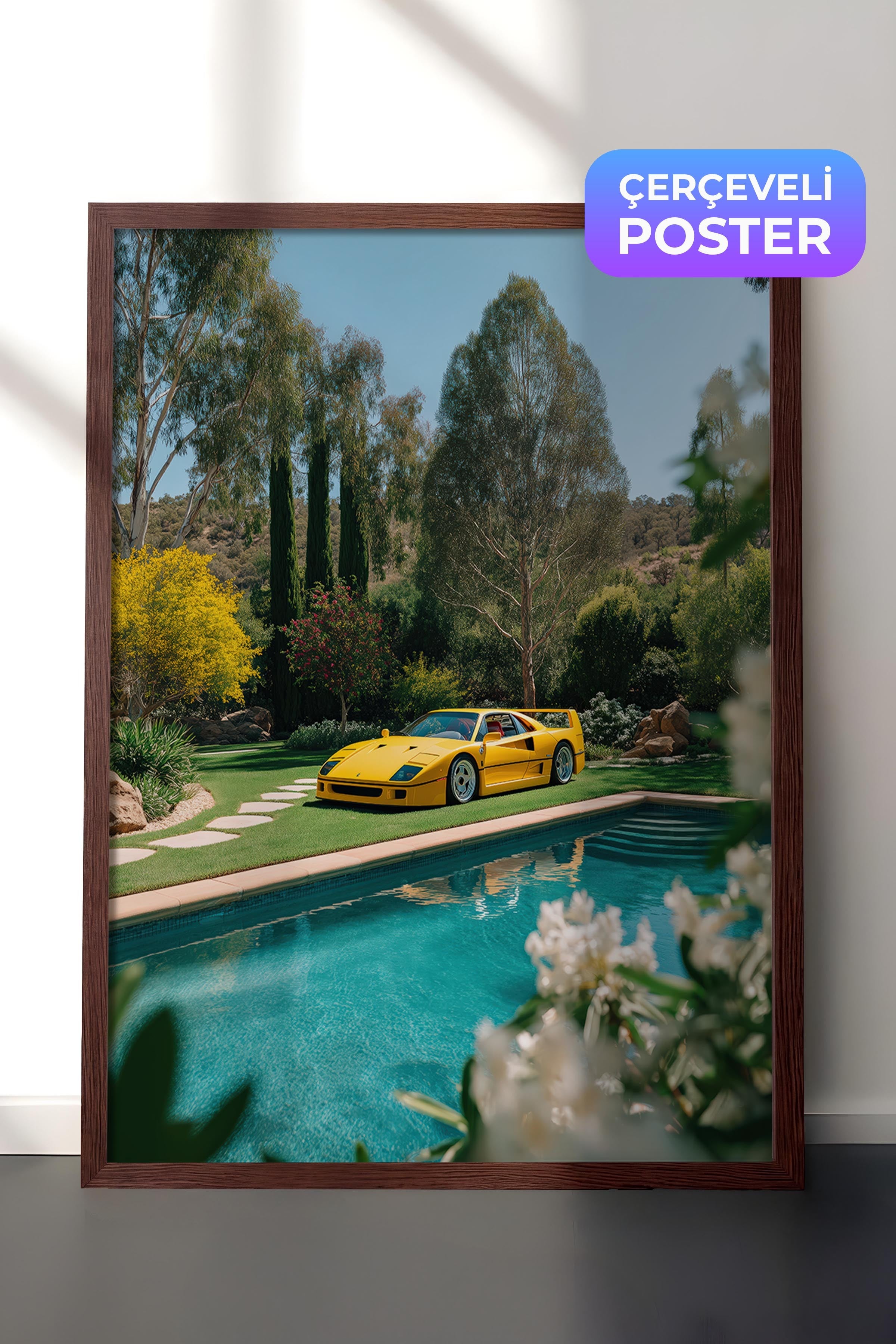 Sarı Araba ve Havuz Posteri, Kahverengi Çerçeveli Poster, Old Money Serisi, NO:113237