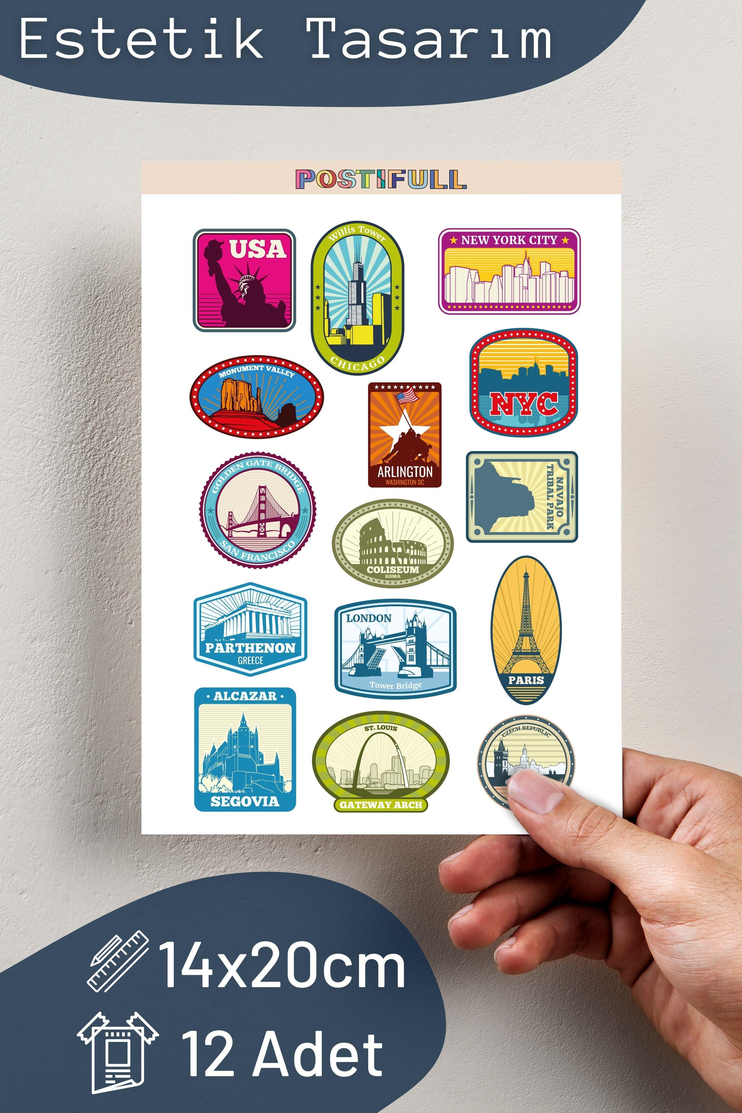 Şehirler Temalı Sticker ve Etiket Seti - Orta Boy - Su Geçirmez, Kalın Yapışkanlı Sticker Seti