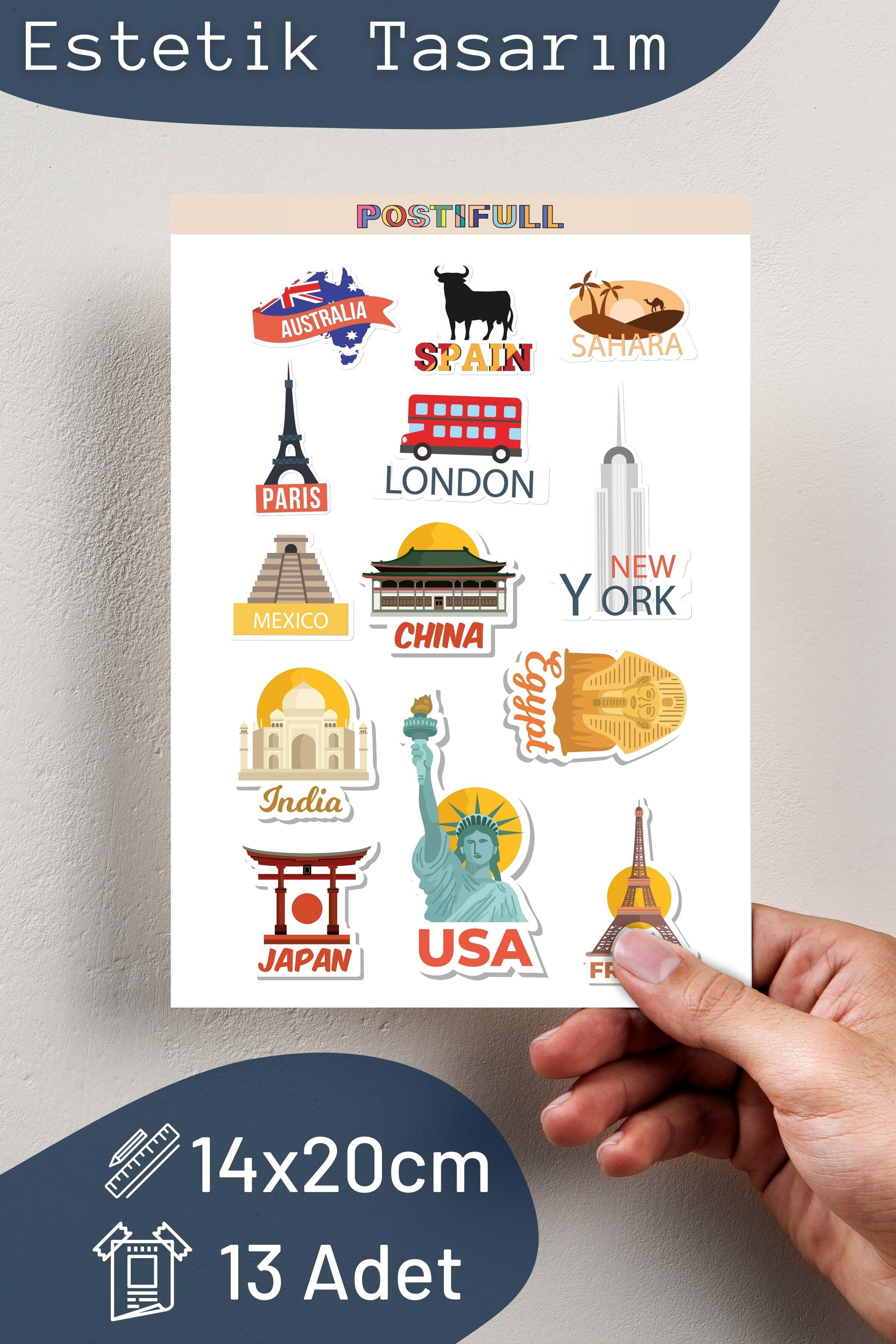 Şehirler Temalı Sticker ve Etiket Seti - Orta Boy - Su Geçirmez, Kalın Yapışkanlı Sticker Seti