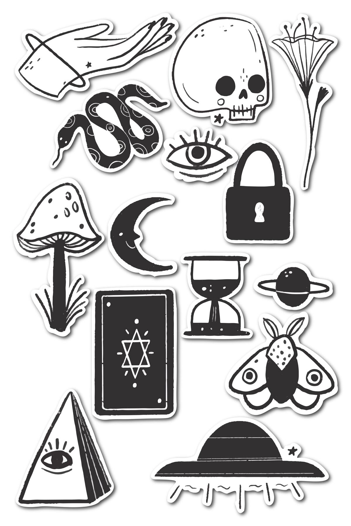 Siyah Beyaz Temalı Sticker Seti - 14 Adet Etiket Seti- Telefon, Tablet, Defter Laptop Uyumlu Etiket