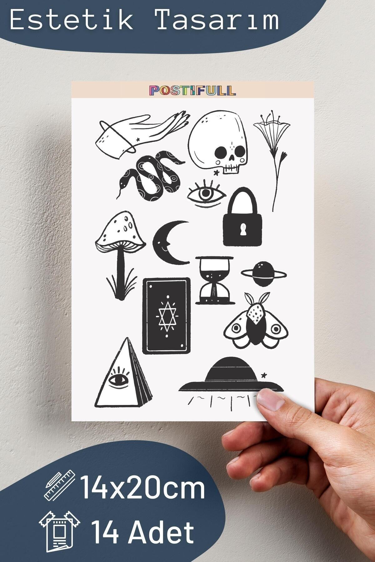 Siyah Beyaz Temalı Sticker Seti - 14 Adet Etiket Seti- Telefon, Tablet, Defter Laptop Uyumlu Etiket