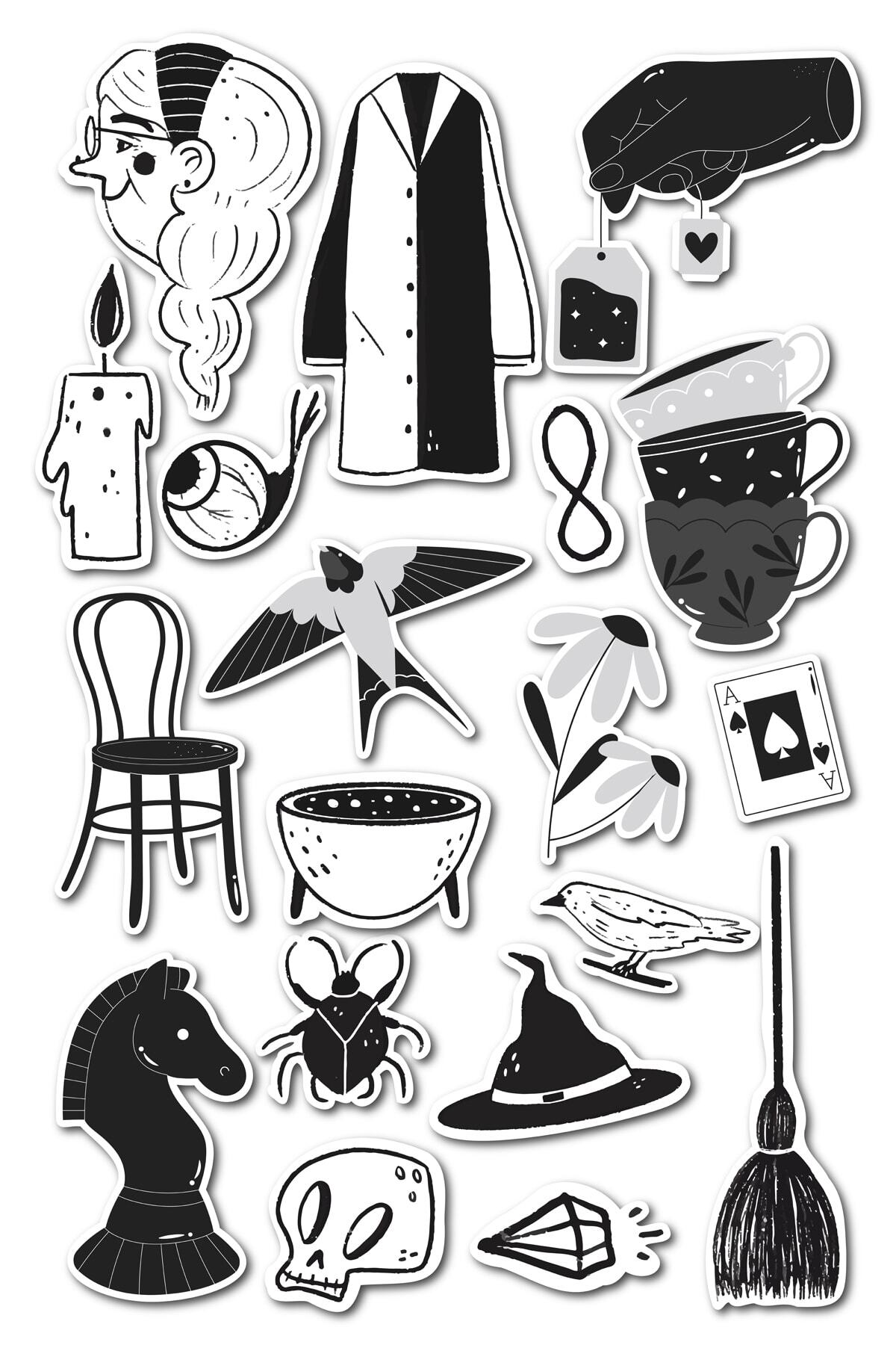 Siyah Beyaz Temalı Sticker Seti - 19 Adet Etiket Seti- Telefon, Tablet, Defter Laptop Uyumlu Etiket