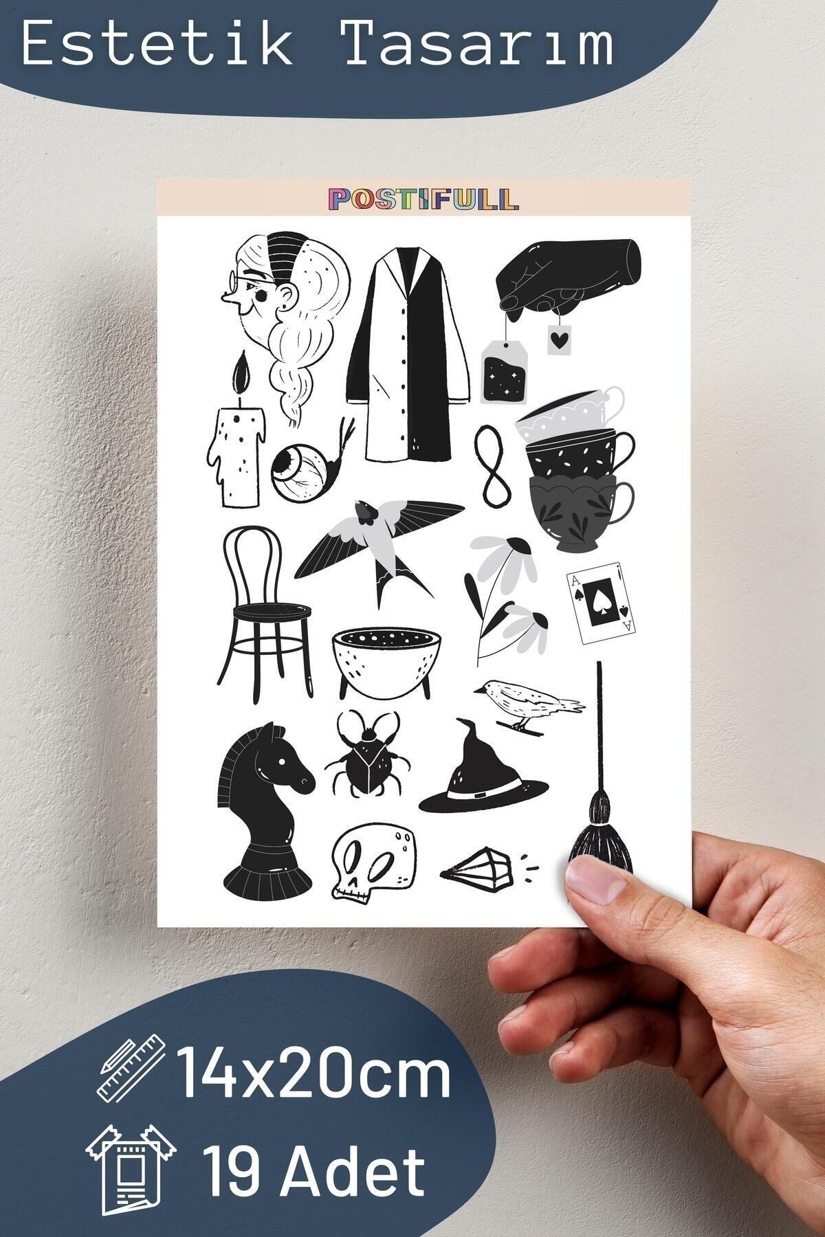 Siyah Beyaz Temalı Sticker Seti - 19 Adet Etiket Seti- Telefon, Tablet, Defter Laptop Uyumlu Etiket