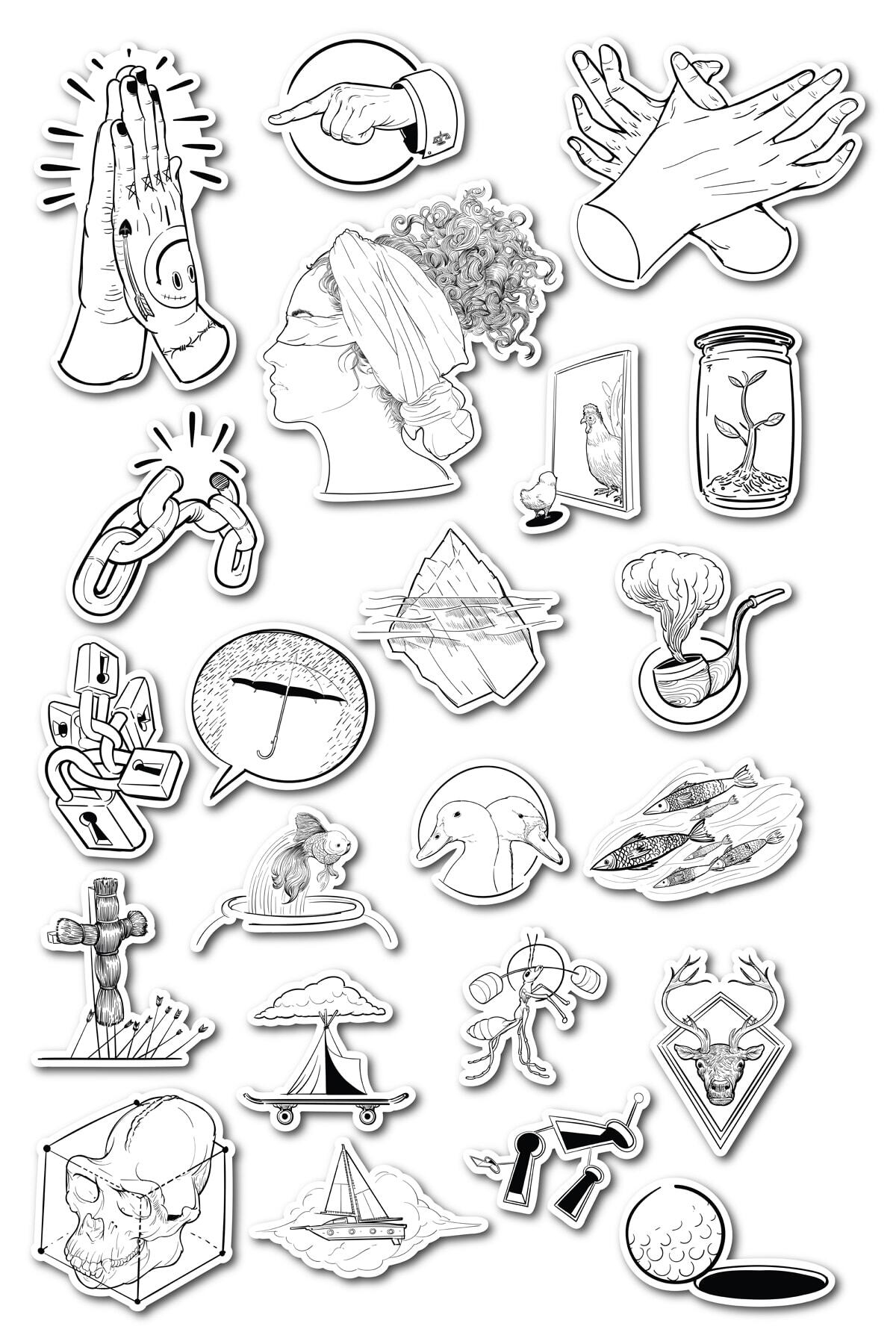 Siyah Beyaz Temalı Sticker Seti - 22 Adet Etiket Seti- Telefon, Tablet, Defter Laptop Uyumlu Etiket