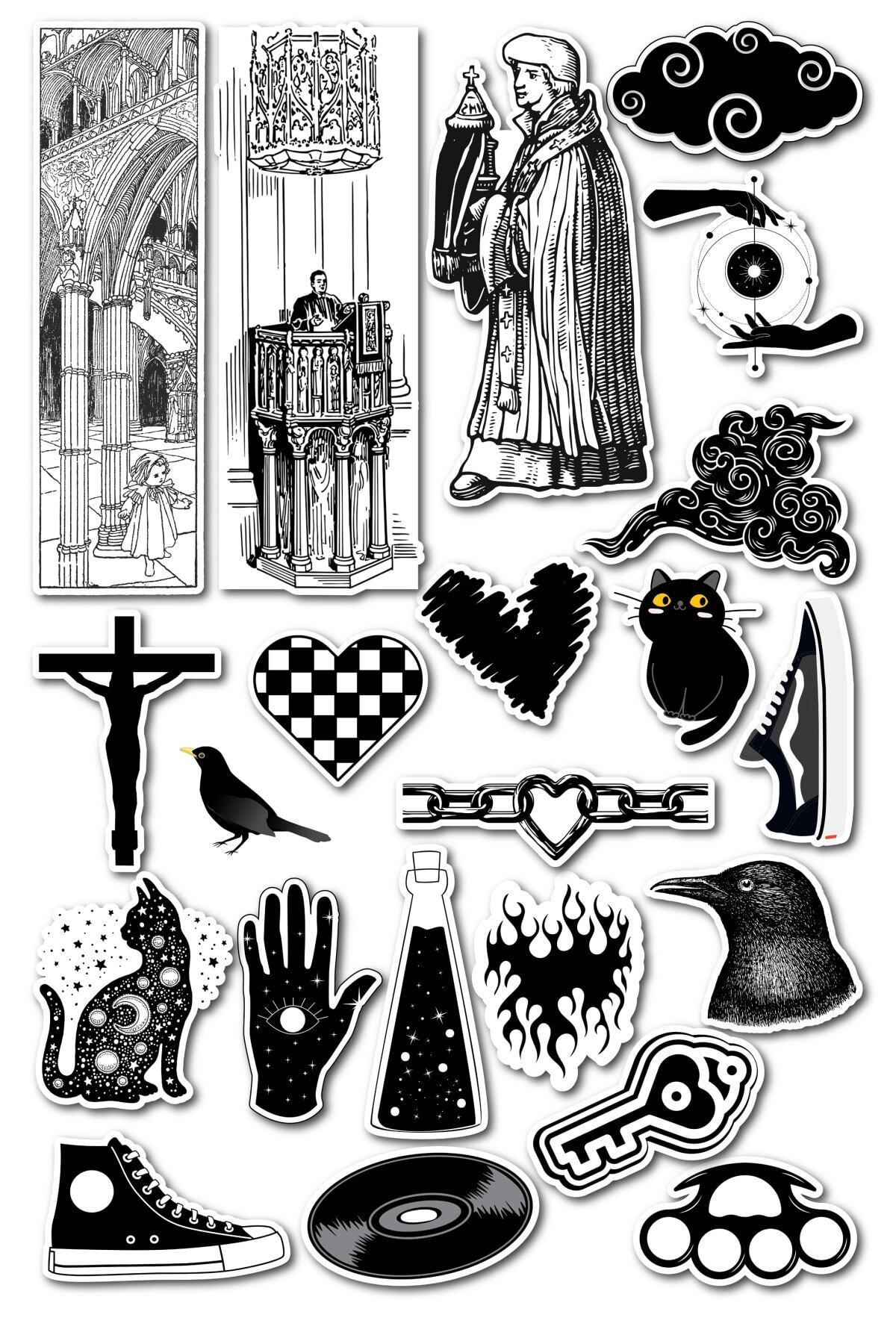 Siyah Beyaz Temalı Sticker Seti - 22 Adet Etiket Seti- Telefon, Tablet, Defter Laptop Uyumlu Etiket