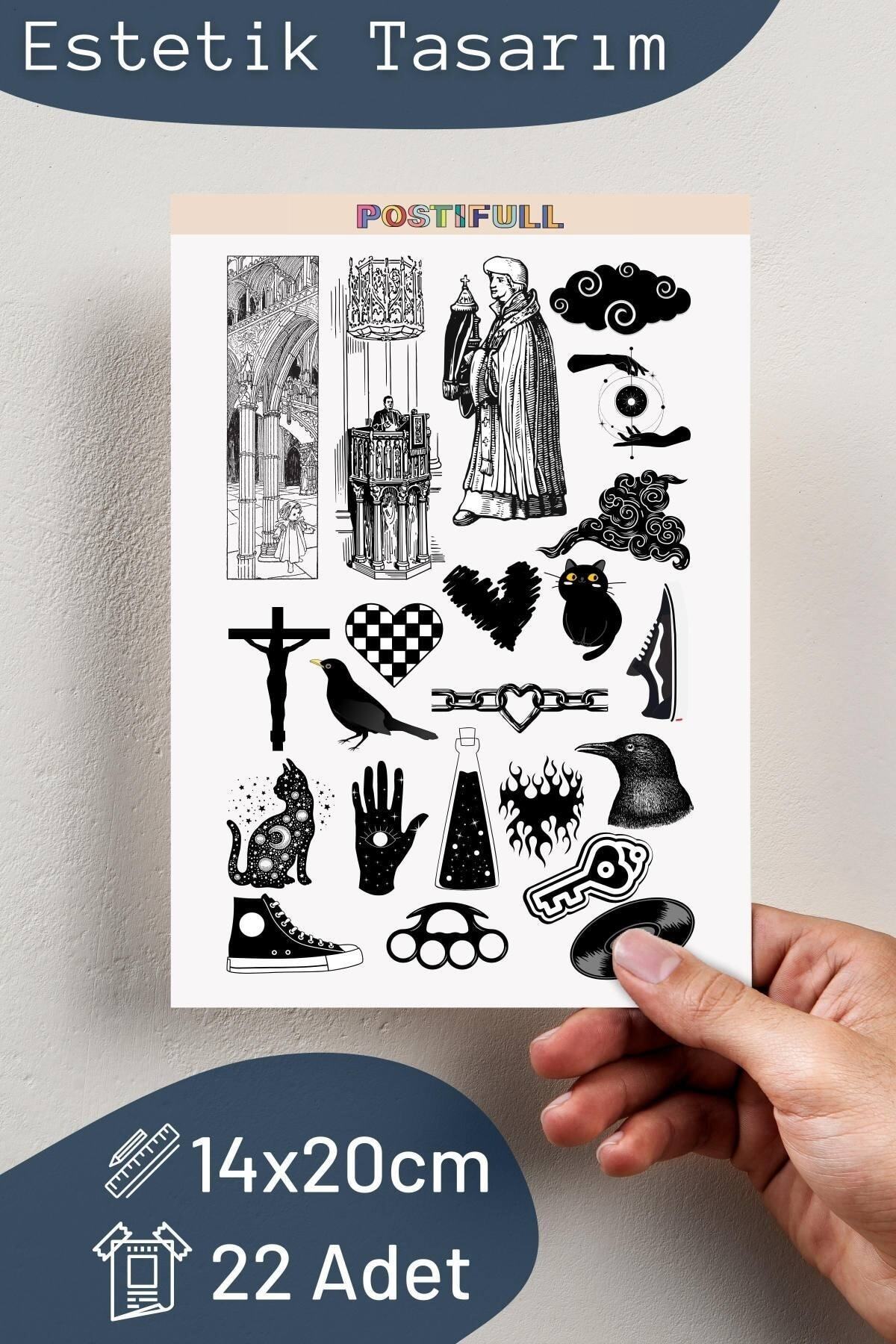Siyah Beyaz Temalı Sticker Seti - 22 Adet Etiket Seti- Telefon, Tablet, Defter Laptop Uyumlu Etiket