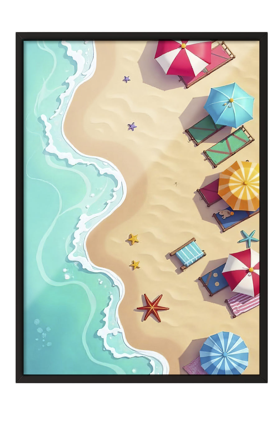 Plajda Renkli Şemsiyeler Poster Poster – Siyah Çerçeveli Tablo