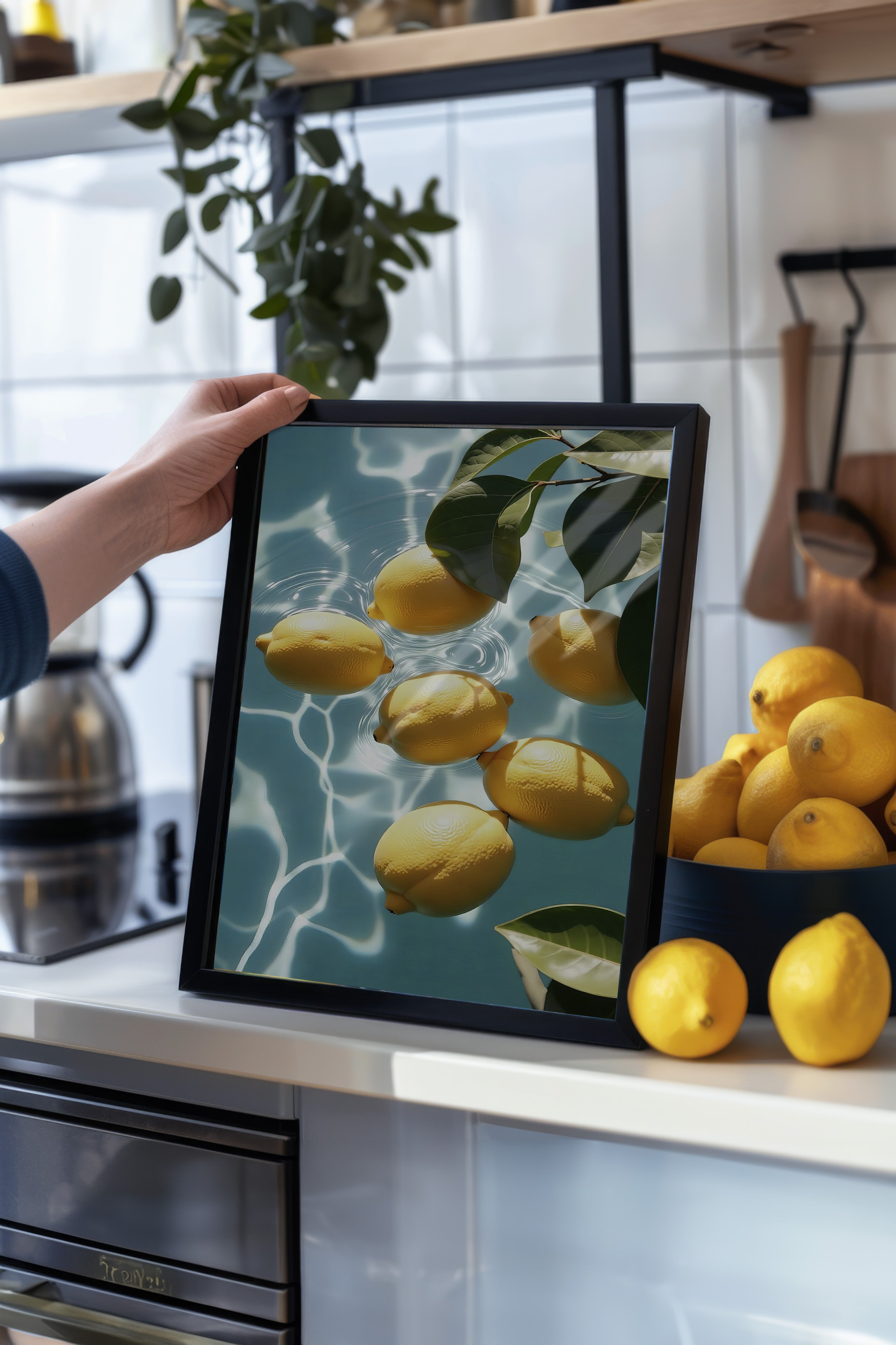 Siyah Çerçeveli Poster, Suda Limonlar, Fotoğraf, Mavi Renk Poster, 2025 Yaz Seçkisi, NO:109697