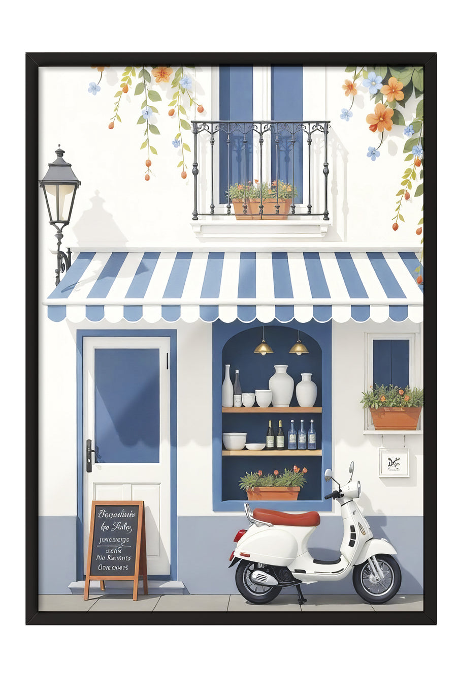 Kafe ve Scooter Poster Beyaz Poster – Siyah Çerçeveli Tablo