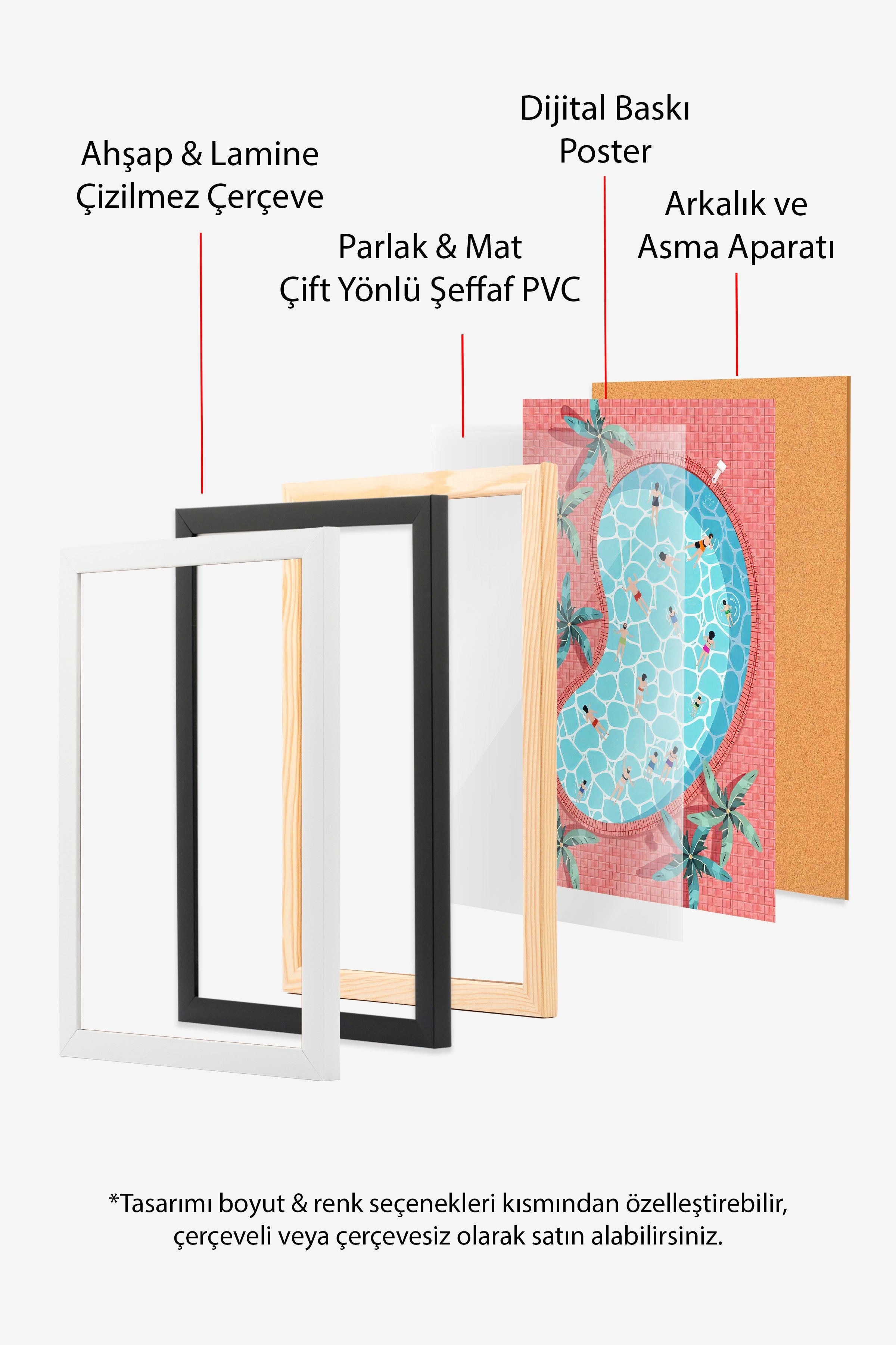 Siyah Çerçeveli Poster, Zengin Havuz, İllüstrasyon, Maximalist, Pembe Renk Poster, 2025 Yaz Seçkisi, NO:109583