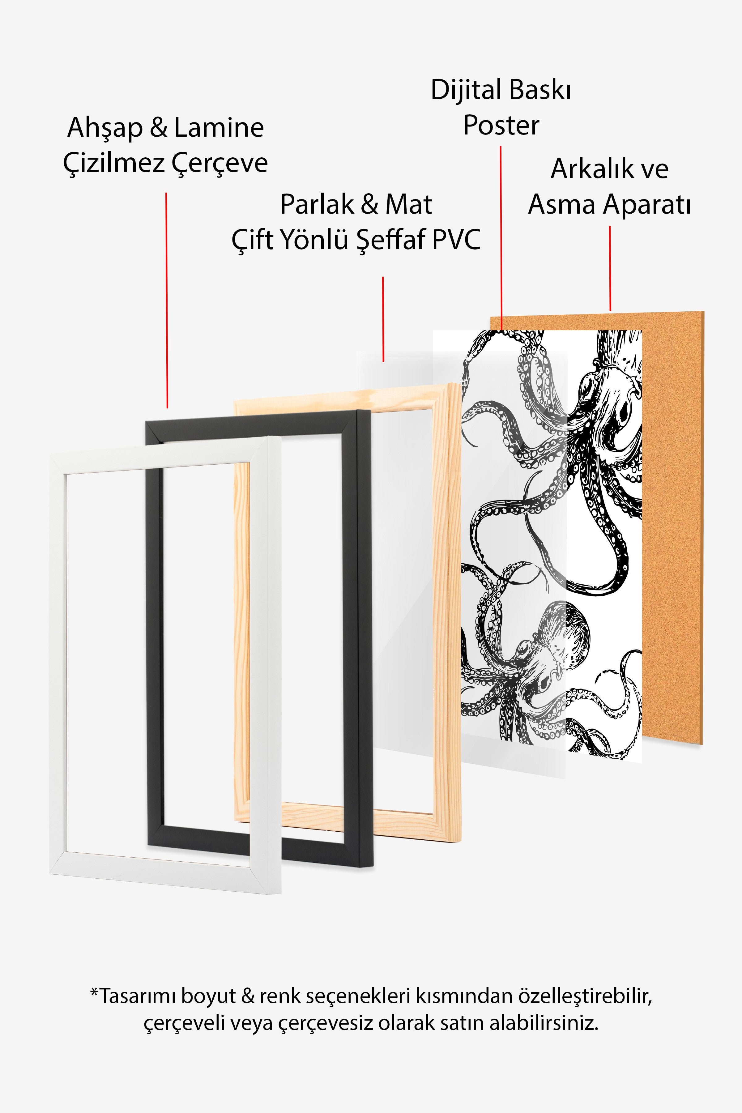 Siyah Çerçeveli Tablo, Ahtapot, illüstrasyon, Siyah, Beyaz Renk Poster, 2025 Yaz Seçkisi, NO:109840