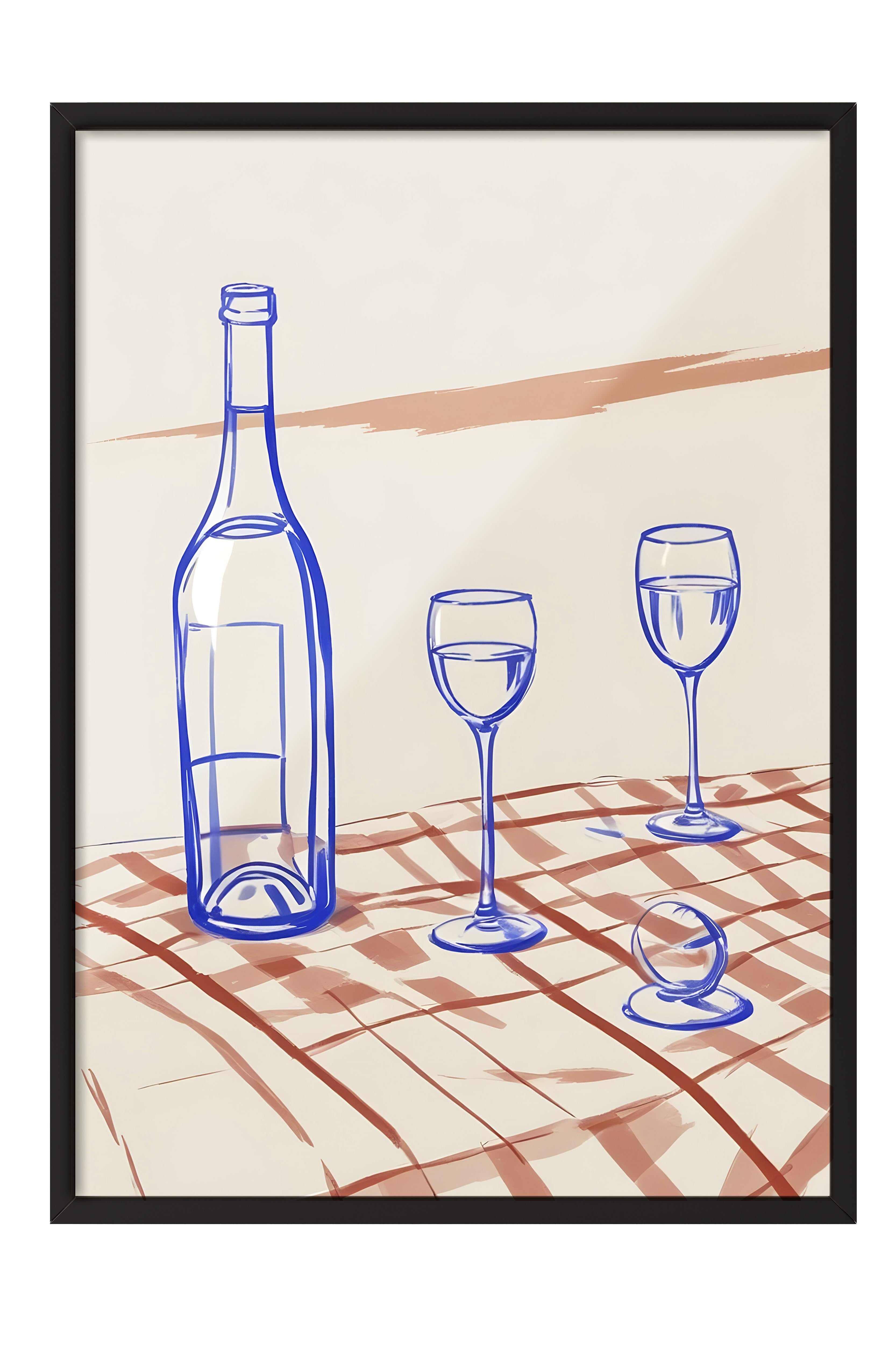 Siyah Çerçeveli Tablo, Bottle & Glasses, Comfort Serisi Mutfak Duvar Tablosu, NO:109080
