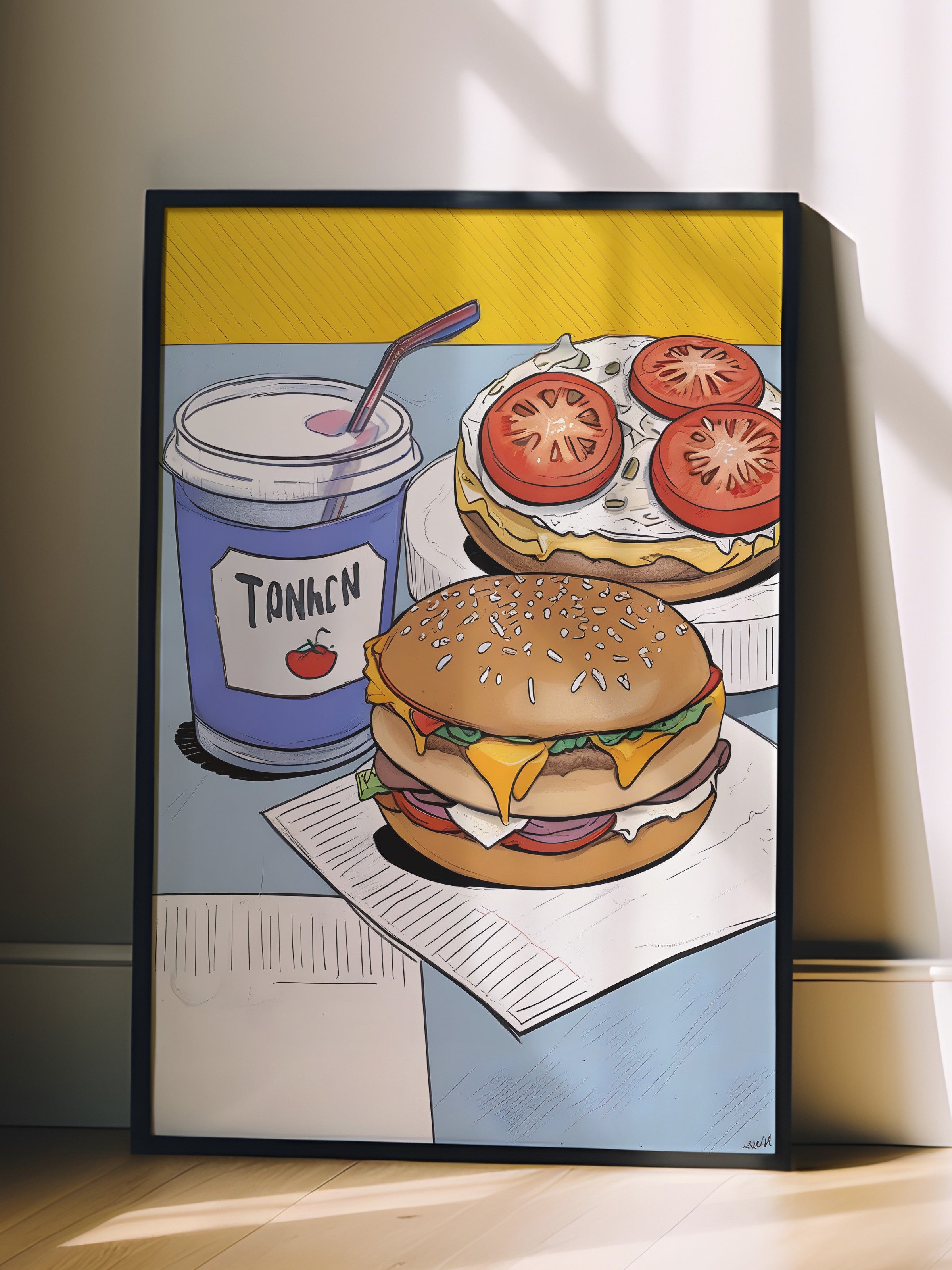 Siyah Çerçeveli Tablo, Burger With Coke, Comfort Serisi Mutfak Duvar Tablosu, NO:109144
