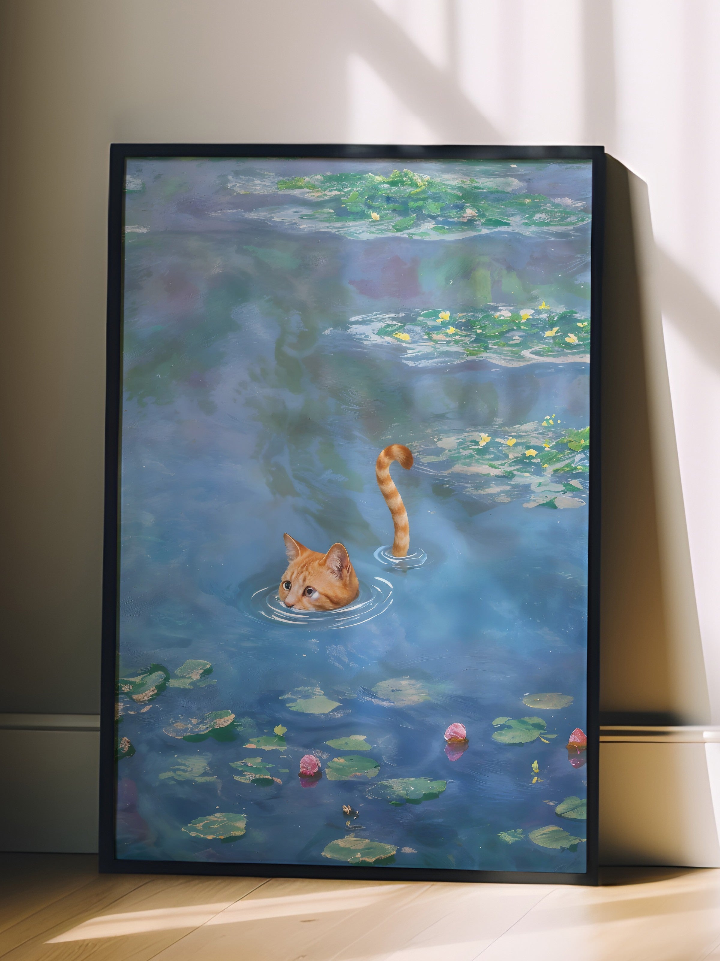 Siyah Çerçeveli Tablo, Cat Print Waterlily - 1, Comfort Serisi Poster ve Duvar Tablosu, NO:108966