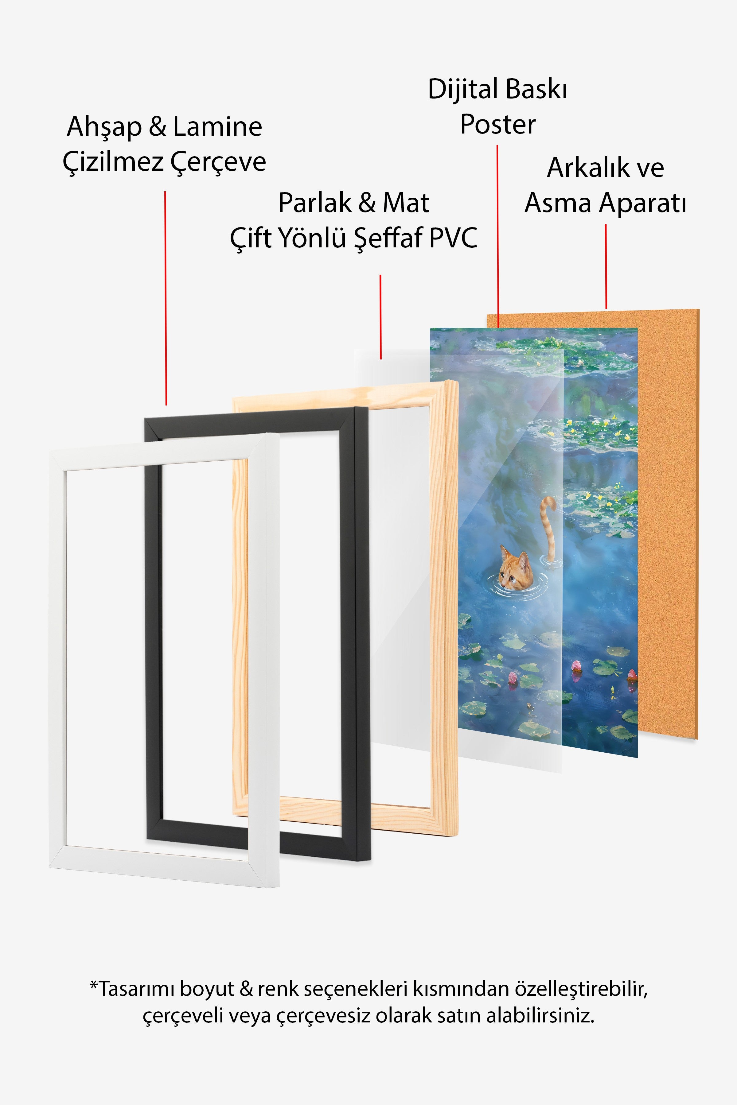 Siyah Çerçeveli Tablo, Cat Print Waterlily - 1, Comfort Serisi Poster ve Duvar Tablosu, NO:108966