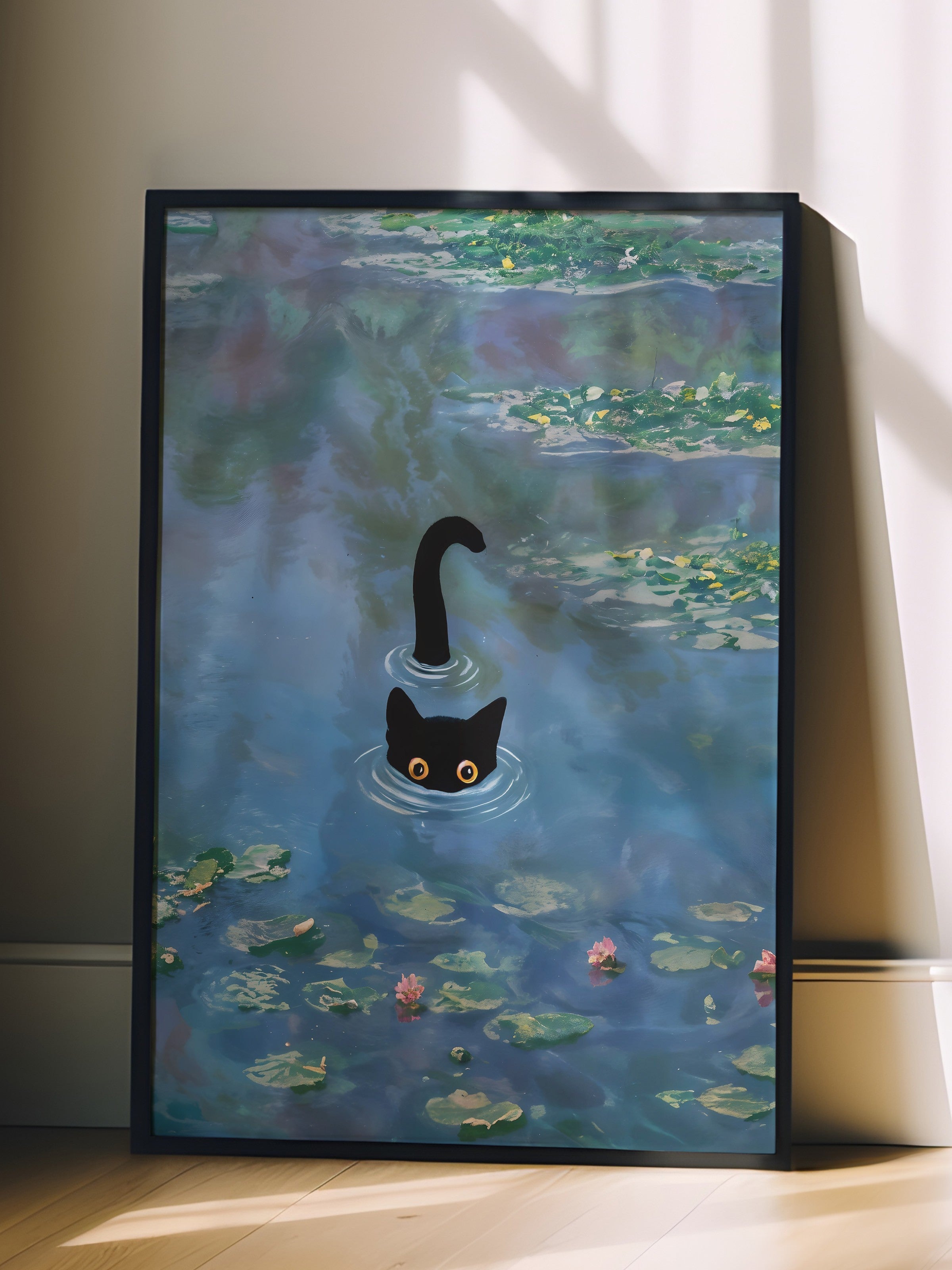 Siyah Çerçeveli Tablo, Cat Print Waterlily - 2, Comfort Serisi Poster ve Duvar Tablosu, NO:108967