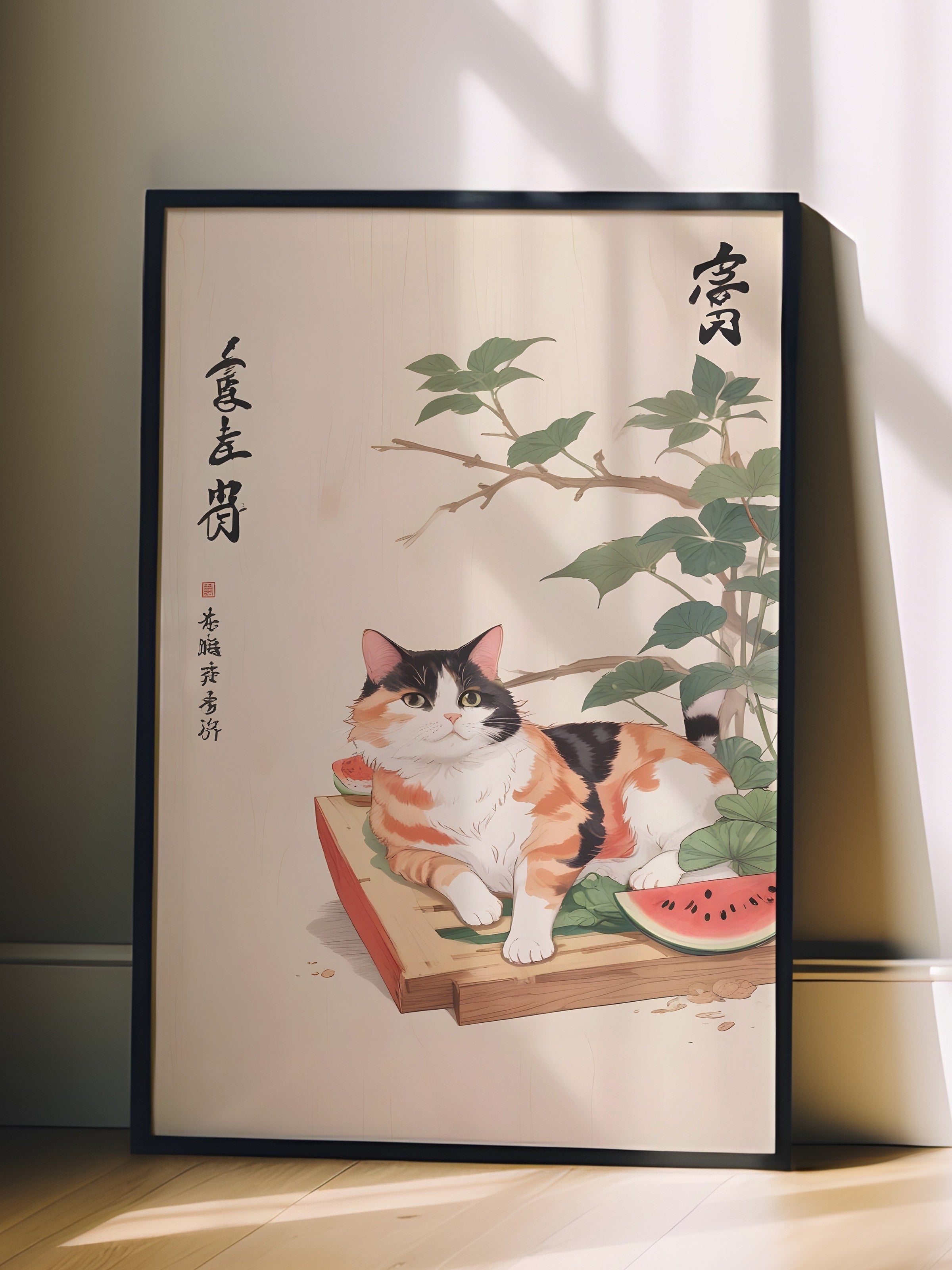 Siyah Çerçeveli Tablo, Cat Sleeping With Watermelon, Comfort Serisi Mutfak Duvar Tablosu, NO:109164