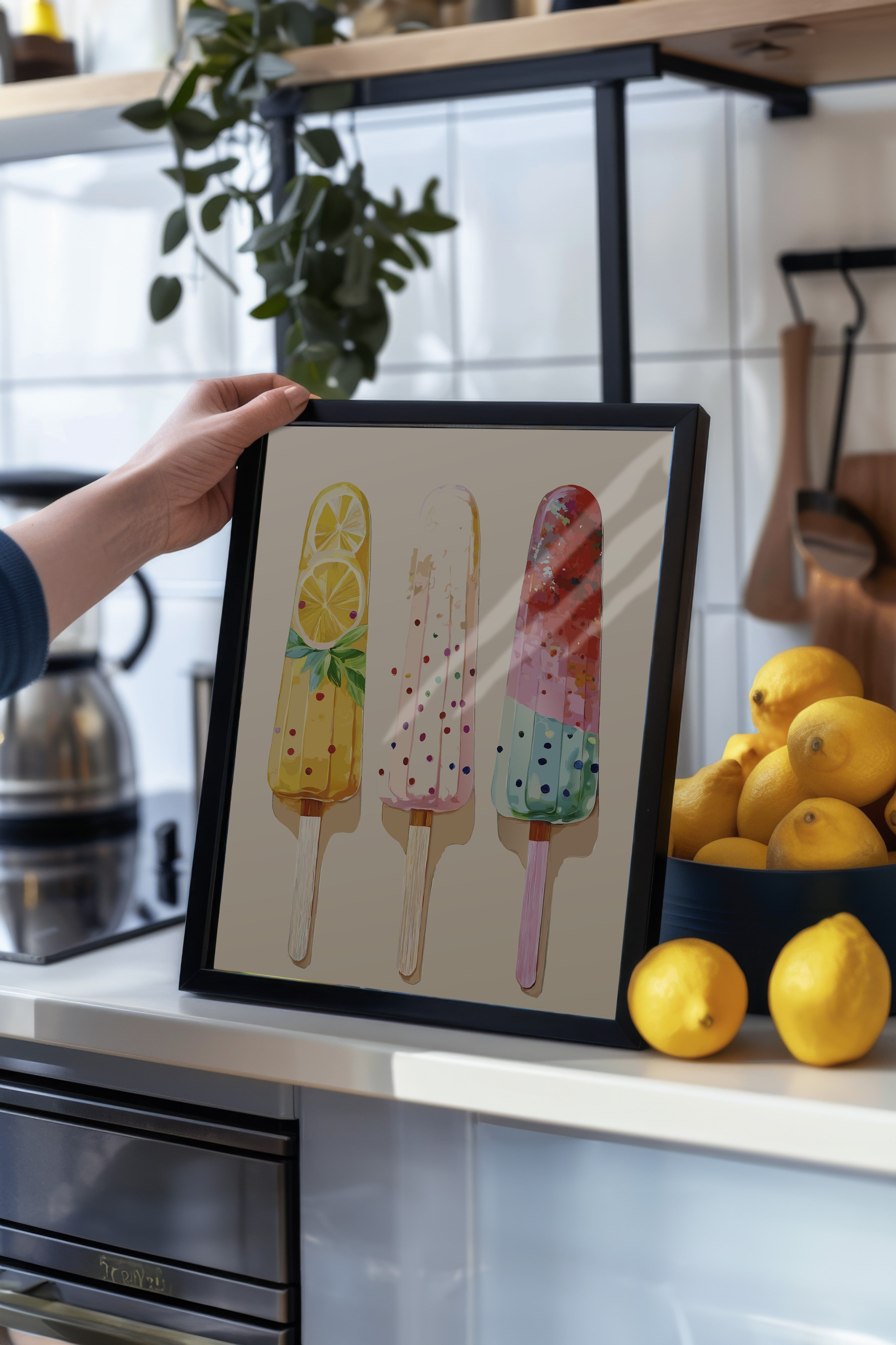 Siyah Çerçeveli Tablo, Dondurma, Limon, illüstrasyon, Whimsical, Pastel Tonlar, Çok Renkli Renk Poster, 2025 Yaz Seçkisi, NO:109860