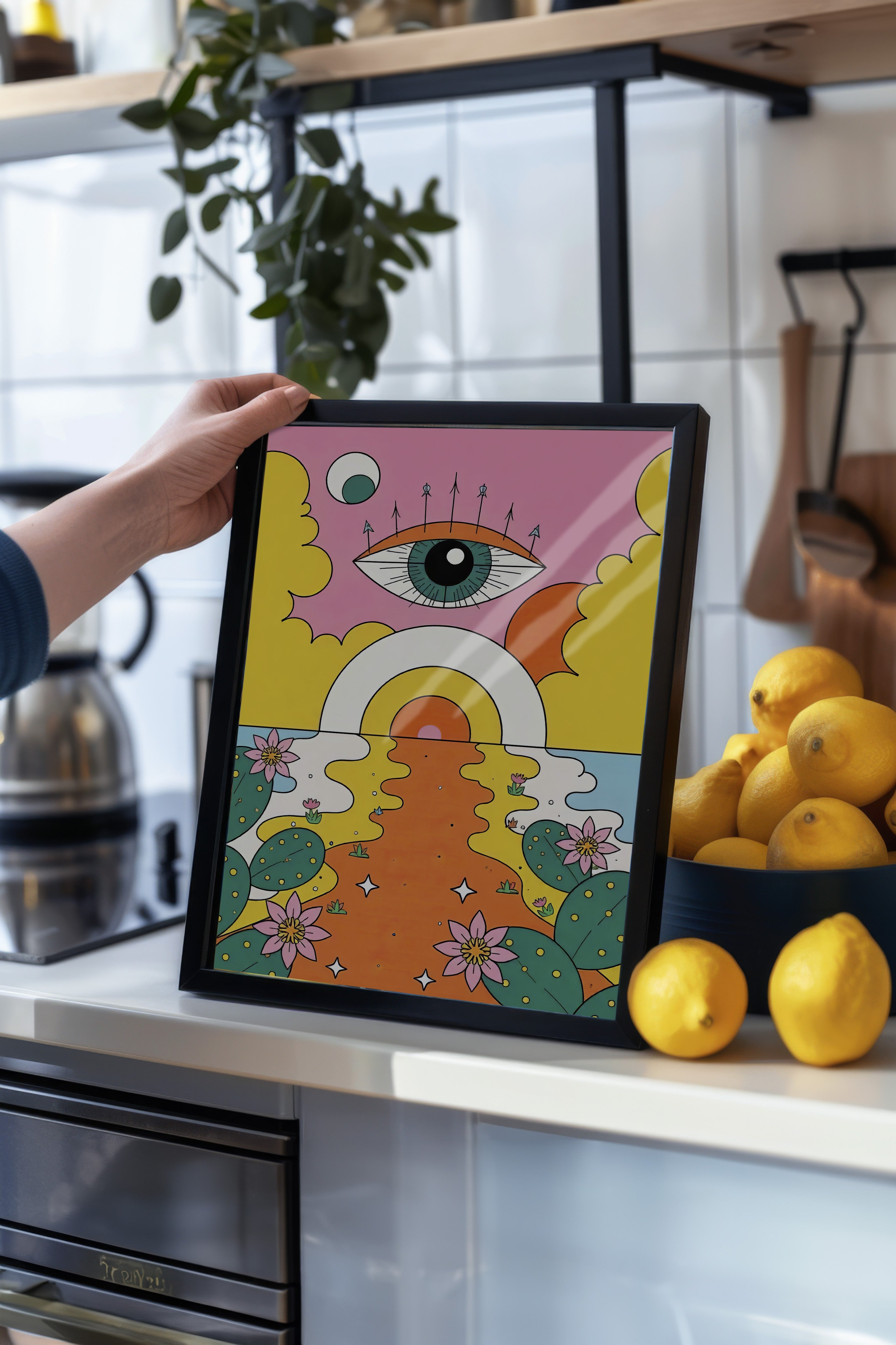 Siyah Çerçeveli Tablo, Güneşin Gözü, İllüstrasyon Maximalist, Sarı Renk Poster, 2025 Yaz Seçkisi, NO:109757