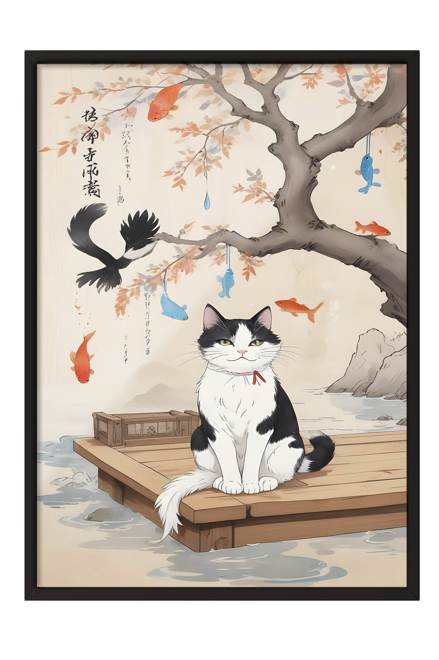 Kedi ve Sonbahar Yaprakları Poster – Siyah Çerçeveli Tablo