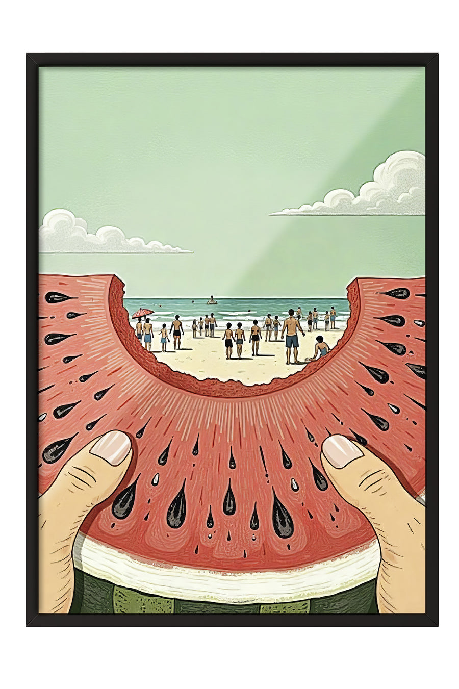 Karpuz ve Plaj Manzarası Poster Poster – Siyah Çerçeveli Tablo