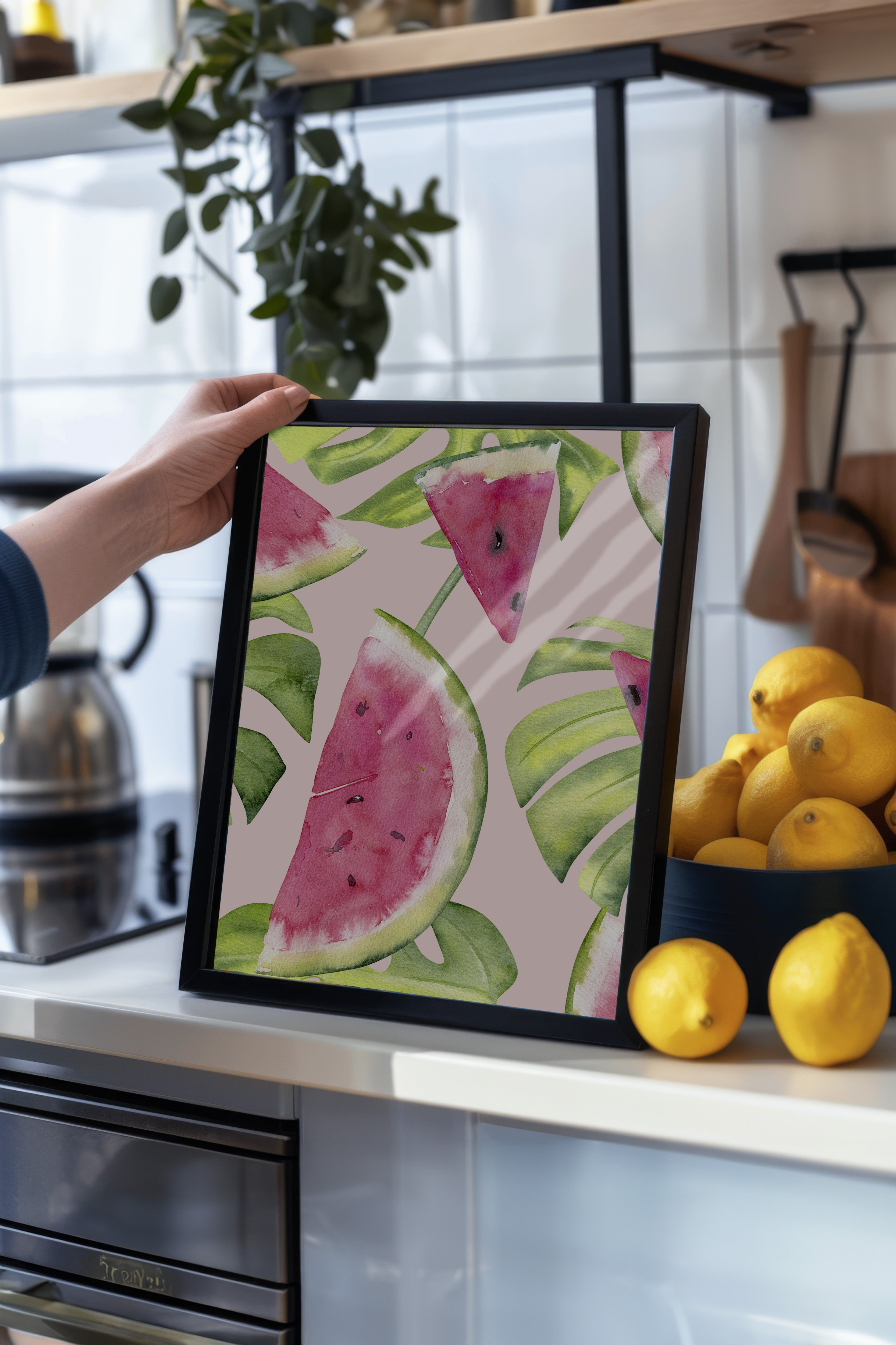 Siyah Çerçeveli Tablo, Karpuz, Yaprak, Suluboya, Botanik, Pembe, Yeşil Renk Poster, 2025 Yaz Seçkisi, NO:109803