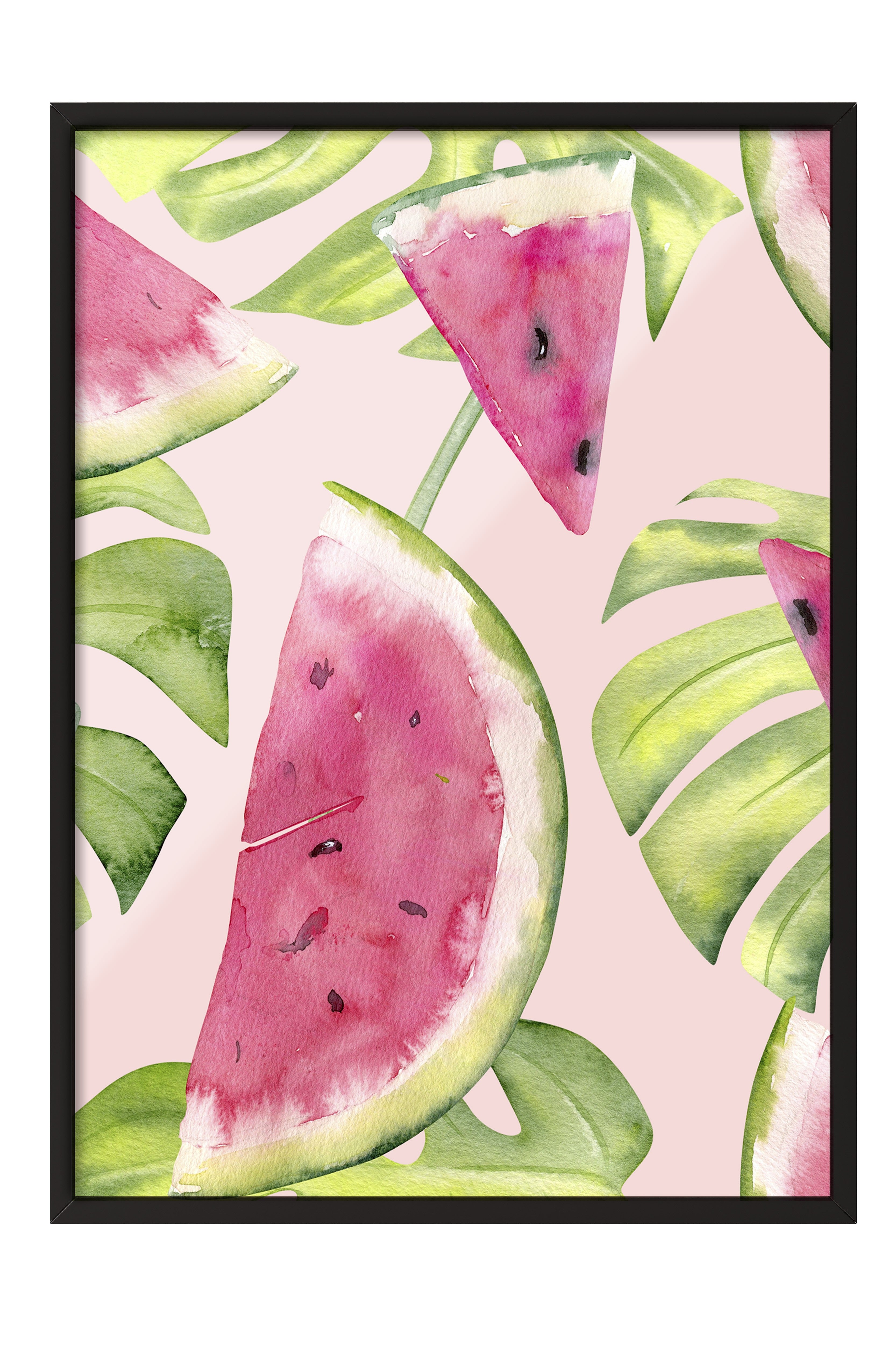 Siyah Çerçeveli Tablo, Karpuz, Yaprak, Suluboya, Botanik, Pembe, Yeşil Renk Poster, 2025 Yaz Seçkisi, NO:109803