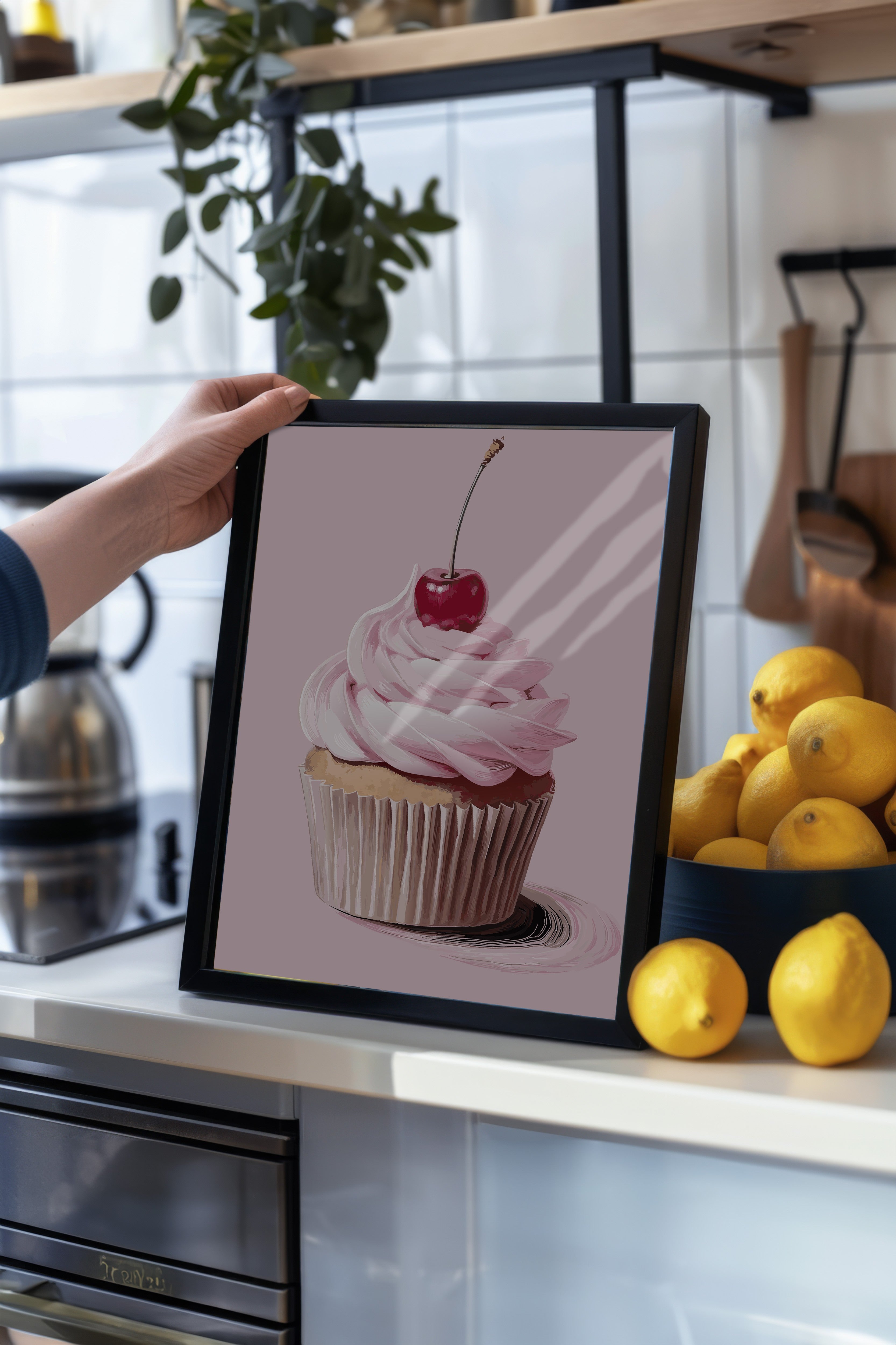 Siyah Çerçeveli Tablo, Kek, Kiraz, illüstrasyon, Pembe, Pastel Tonlar Renk Poster, 2025 Yaz Seçkisi, NO:109868