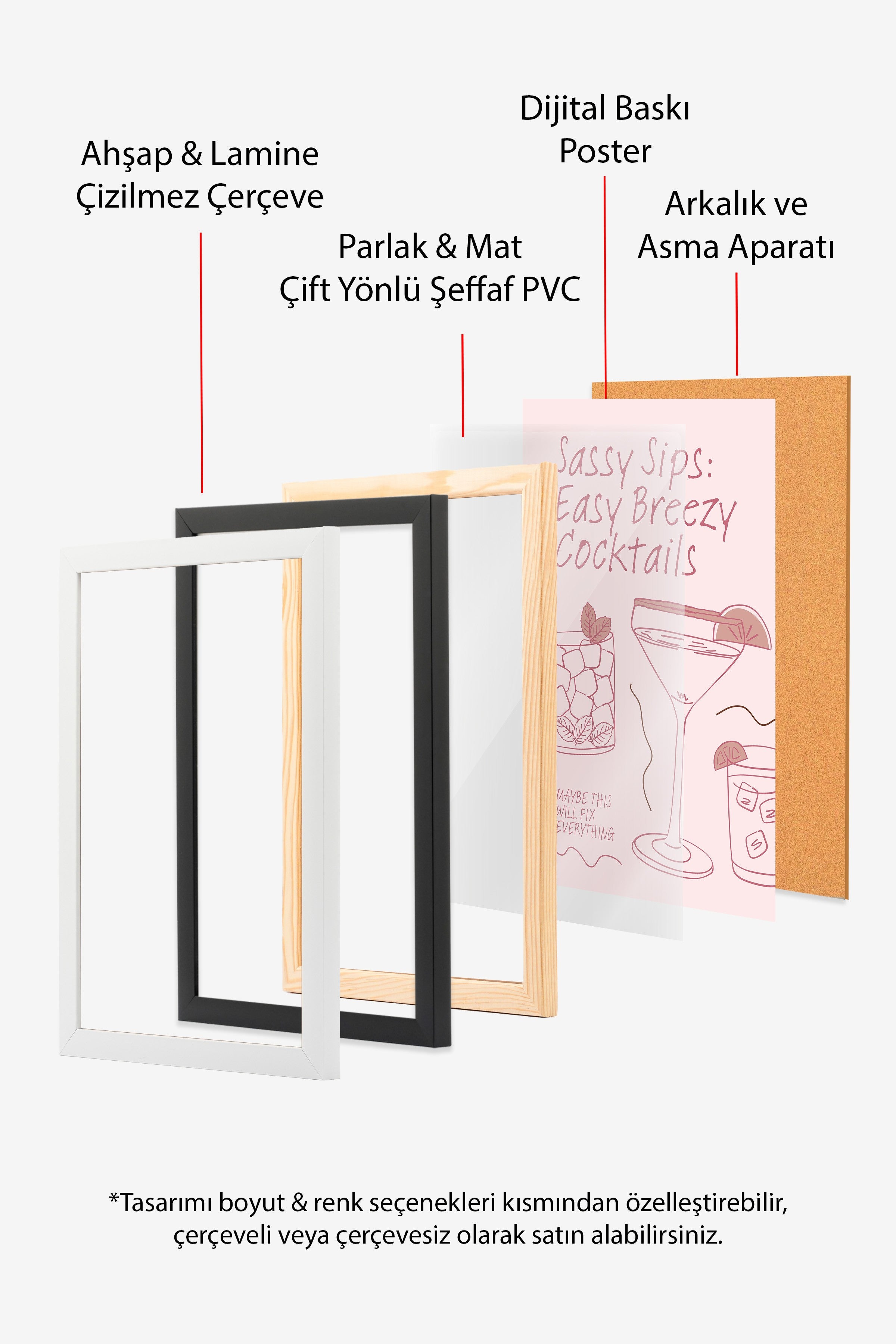 Siyah Çerçeveli Tablo, Kokteyller, Metin, illüstrasyon, Minimalist, Pembe, Pastel Tonlar Renk Poster, 2025 Yaz Seçkisi, NO:109805