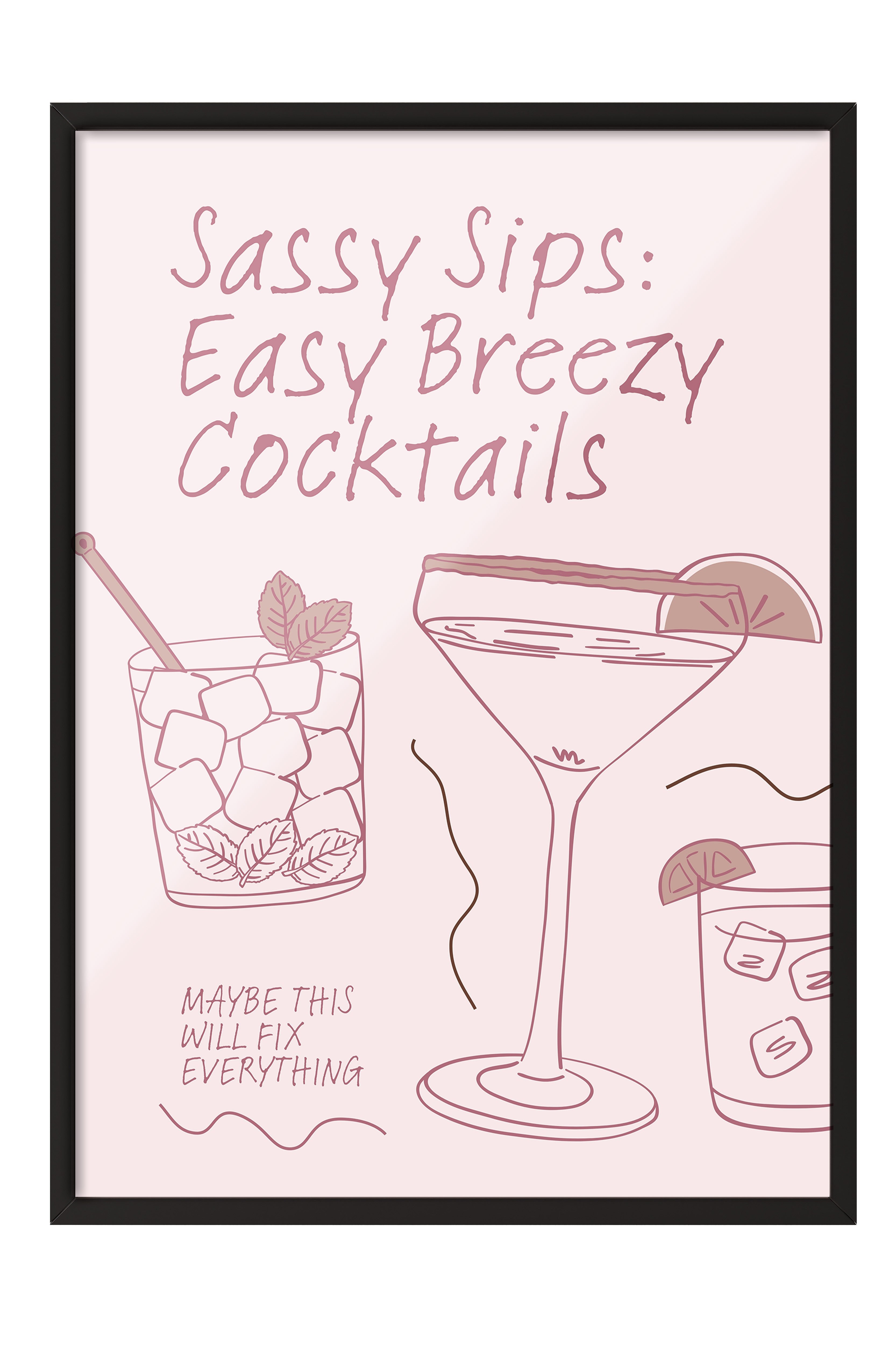 Siyah Çerçeveli Tablo, Kokteyller, Metin, illüstrasyon, Minimalist, Pembe, Pastel Tonlar Renk Poster, 2025 Yaz Seçkisi, NO:109805