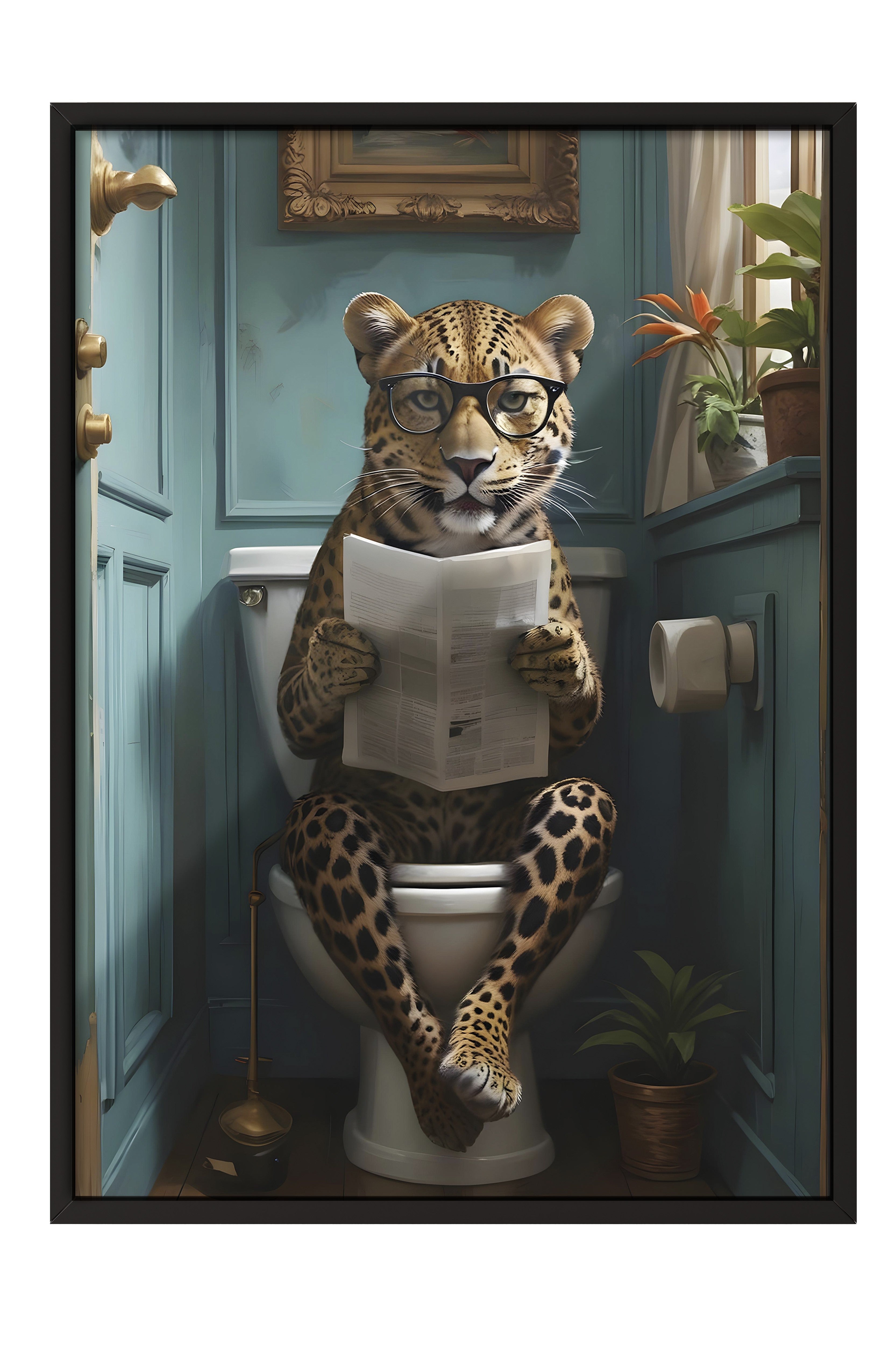 Siyah Çerçeveli Tablo, Leopard in Toilet, Comfort Serisi Mutfak Duvar Tablosu, NO:108926
