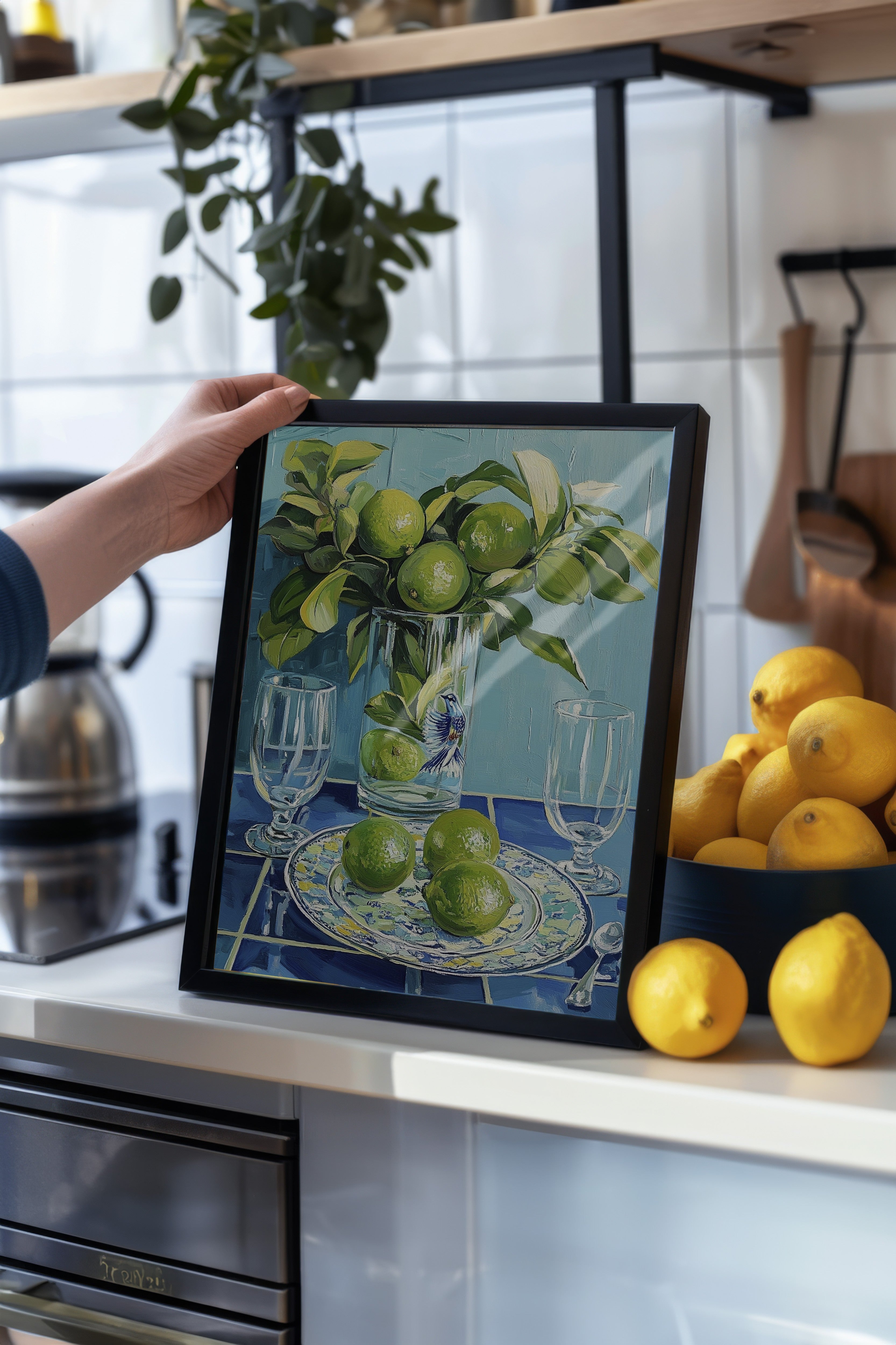 Siyah Çerçeveli Tablo, Limon, Vazo, Tabak, Yağlıboya Tablo, Yeşil, Mavi Renk Poster, 2025 Yaz Seçkisi, NO:109798