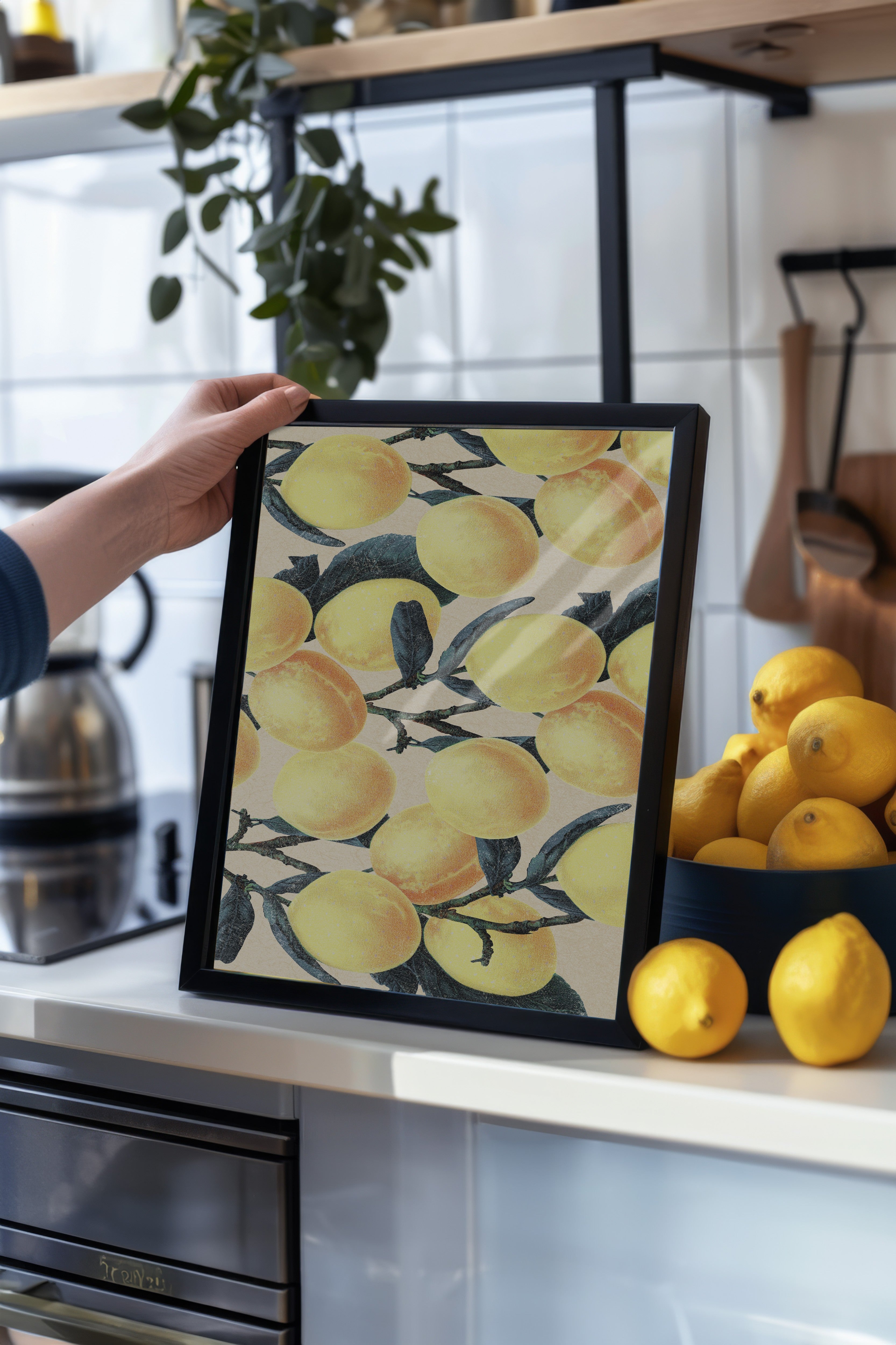 Siyah Çerçeveli Tablo, Limonlar, Yapraklar, Botanik, İllüstrasyon, Sarı, Yeşil Renk Poster, 2025 Yaz Seçkisi, NO:109790