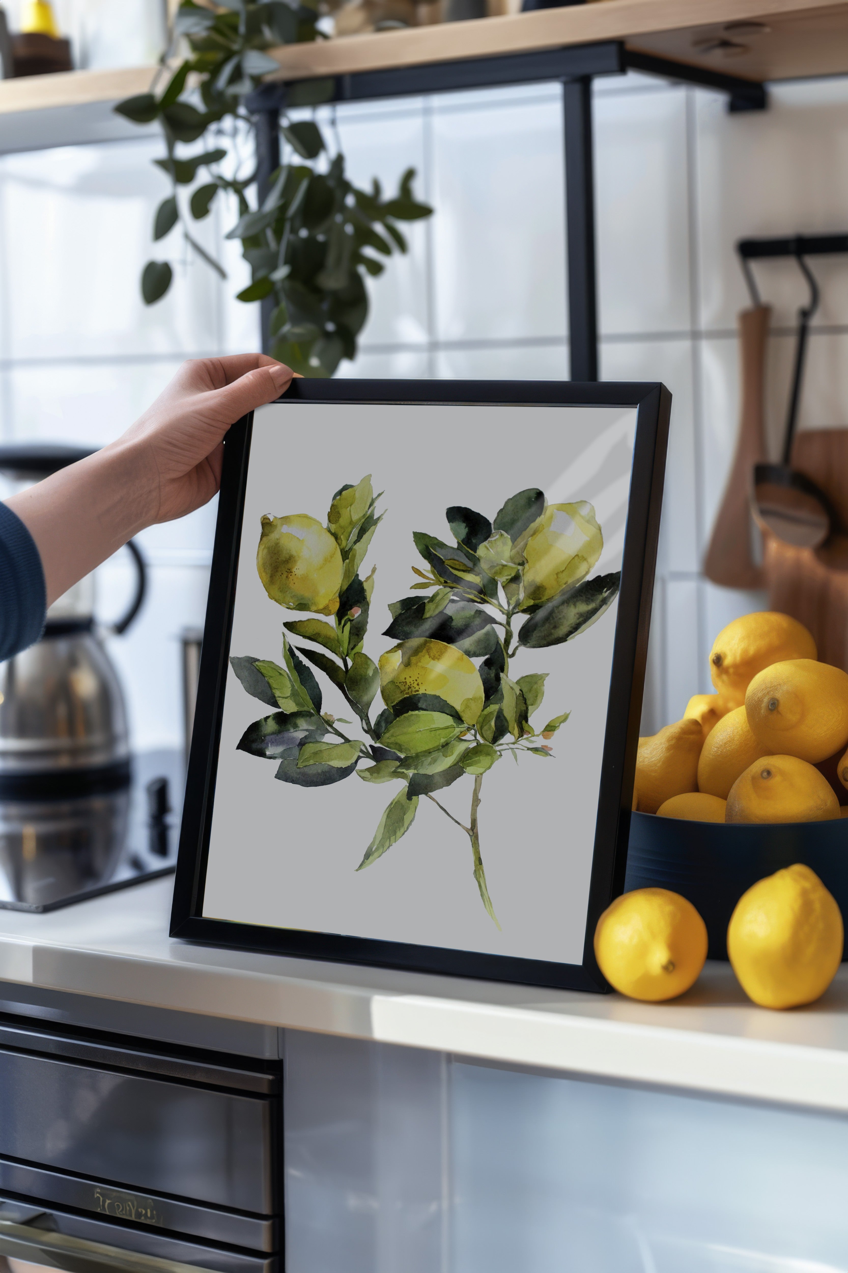 Siyah Çerçeveli Tablo, Limonlar, Yapraklar, Suluboya, Yeşil, Sarı Renk Poster, 2025 Yaz Seçkisi, NO:109802