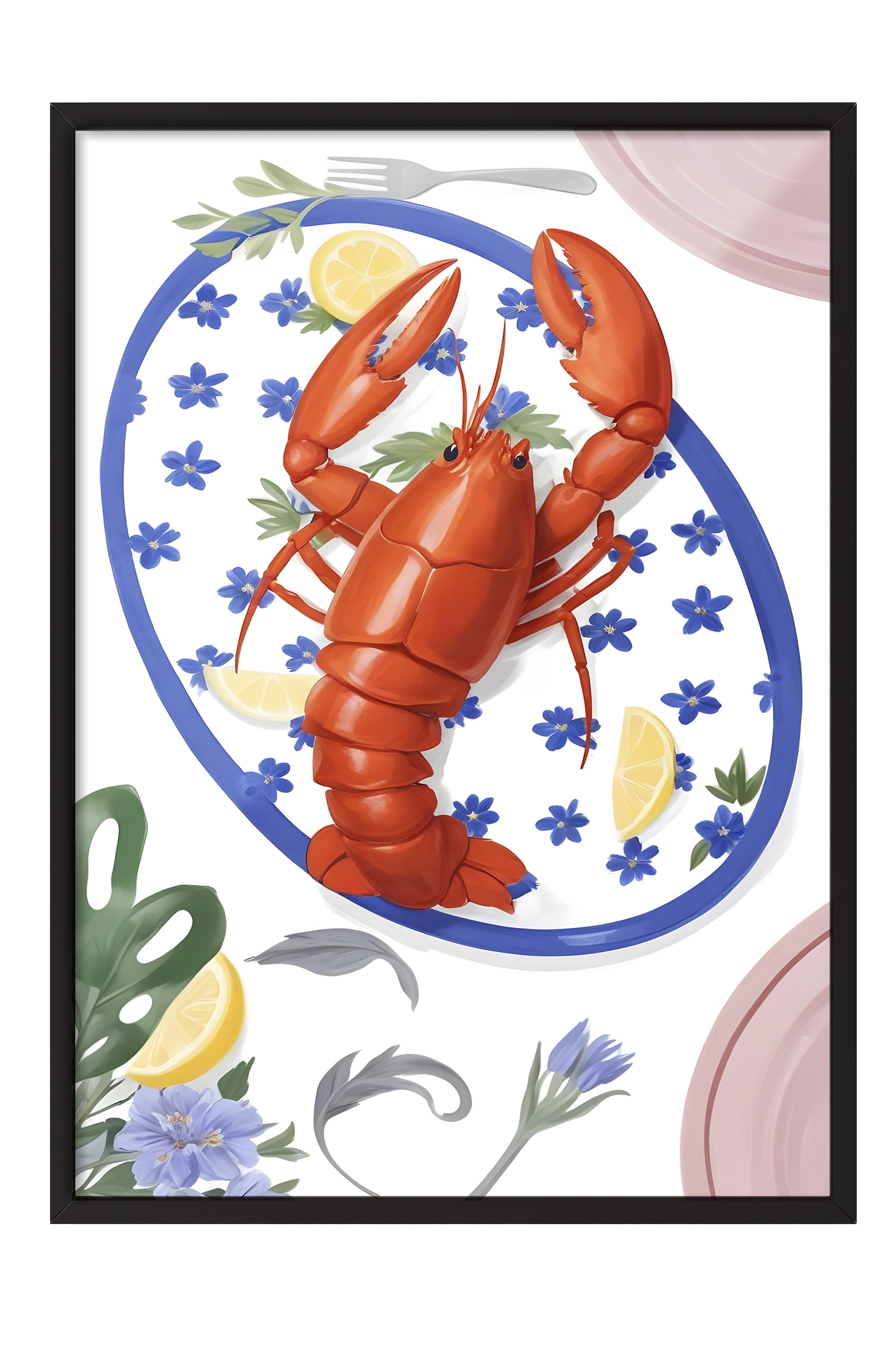 Siyah Çerçeveli Tablo, Lobster, Comfort Serisi Mutfak Duvar Tablosu, NO:109079