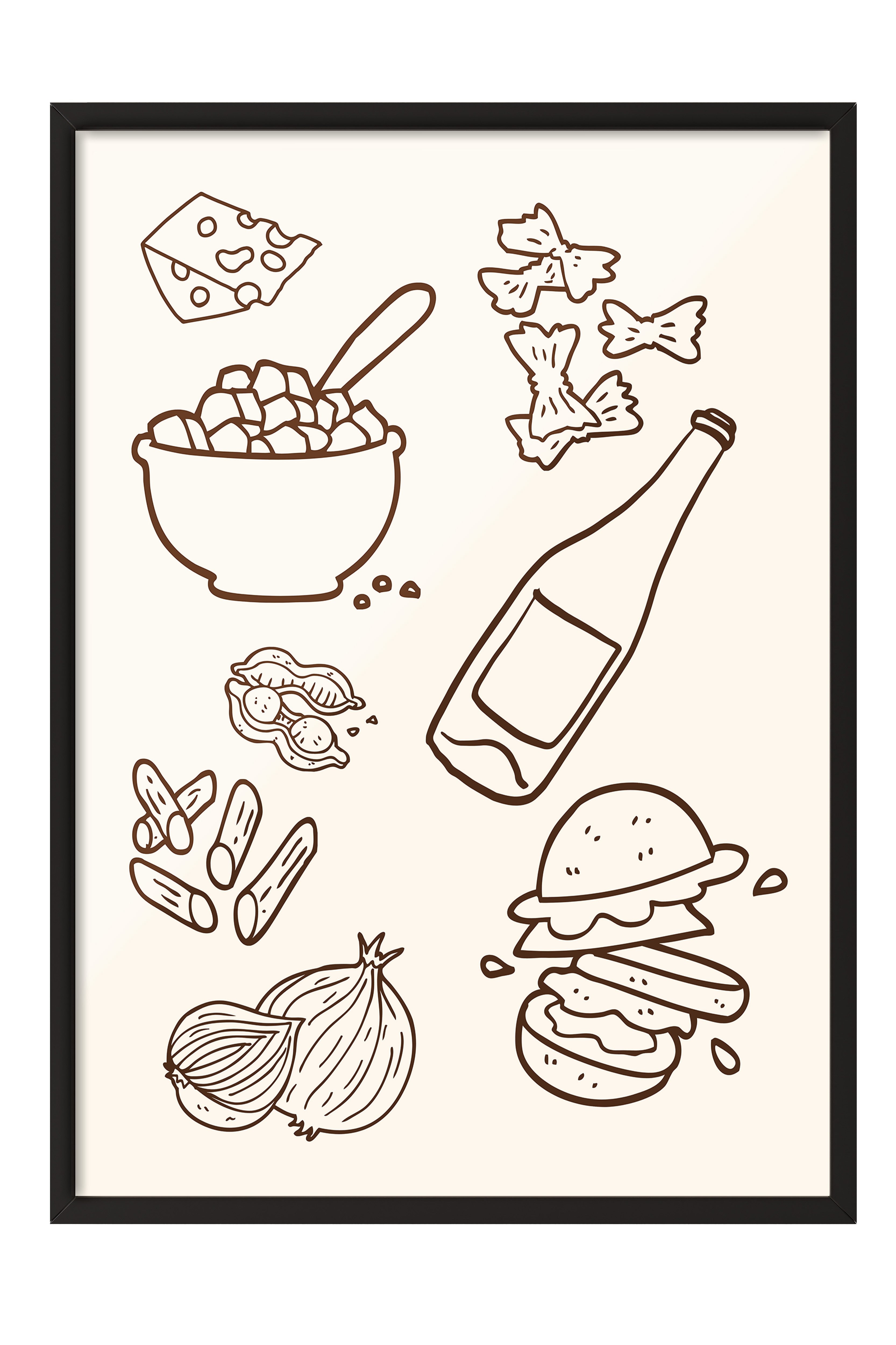 Siyah Çerçeveli Tablo, Peynir, Şişe, Burger, illüstrasyon, Minimalist, Kahverengi, Bej Renk Poster, 2025 Yaz Seçkisi, NO:109806